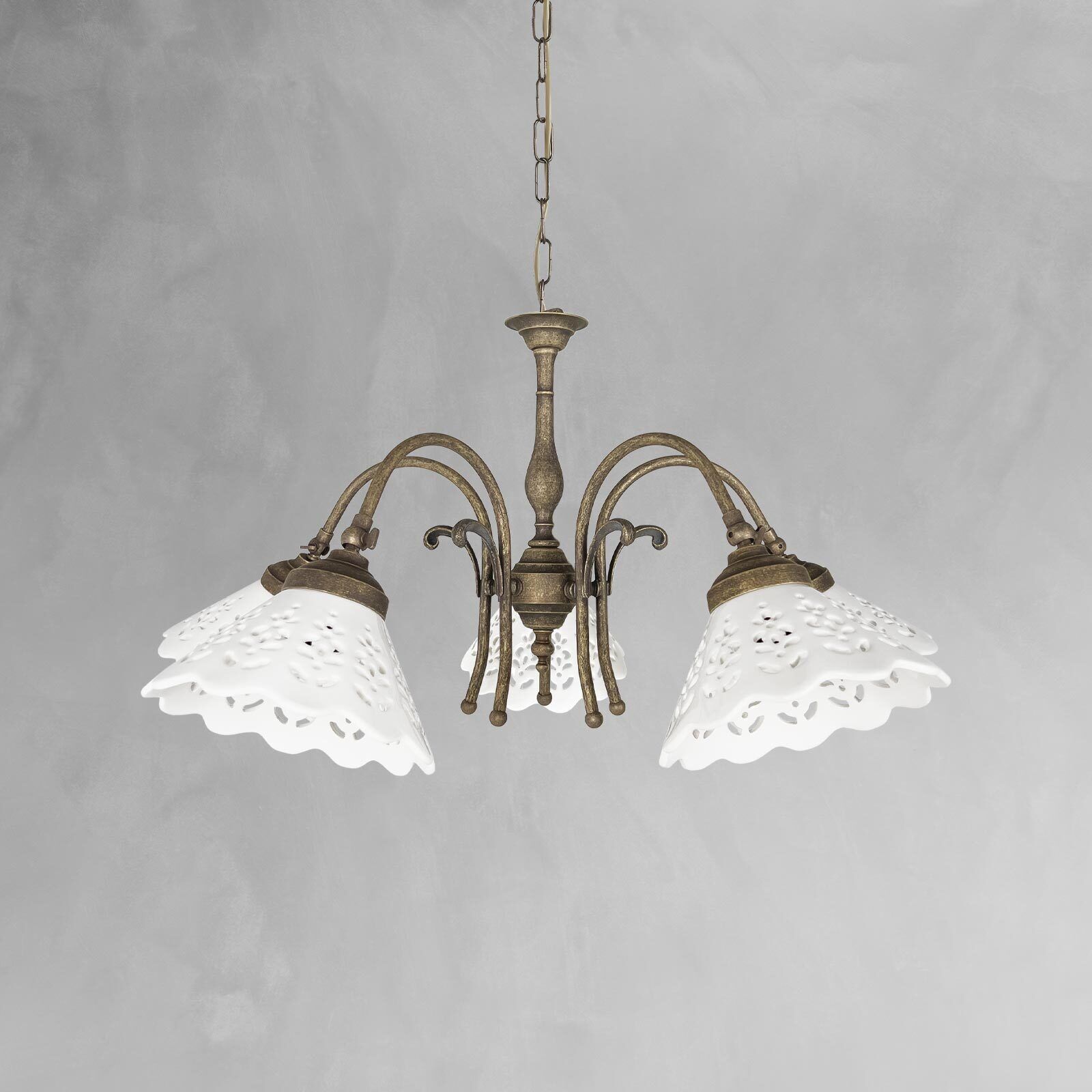 Hängelampe Messing Keramik in Weiß Bronze Antik 5x E27 Leuchter, Lampe