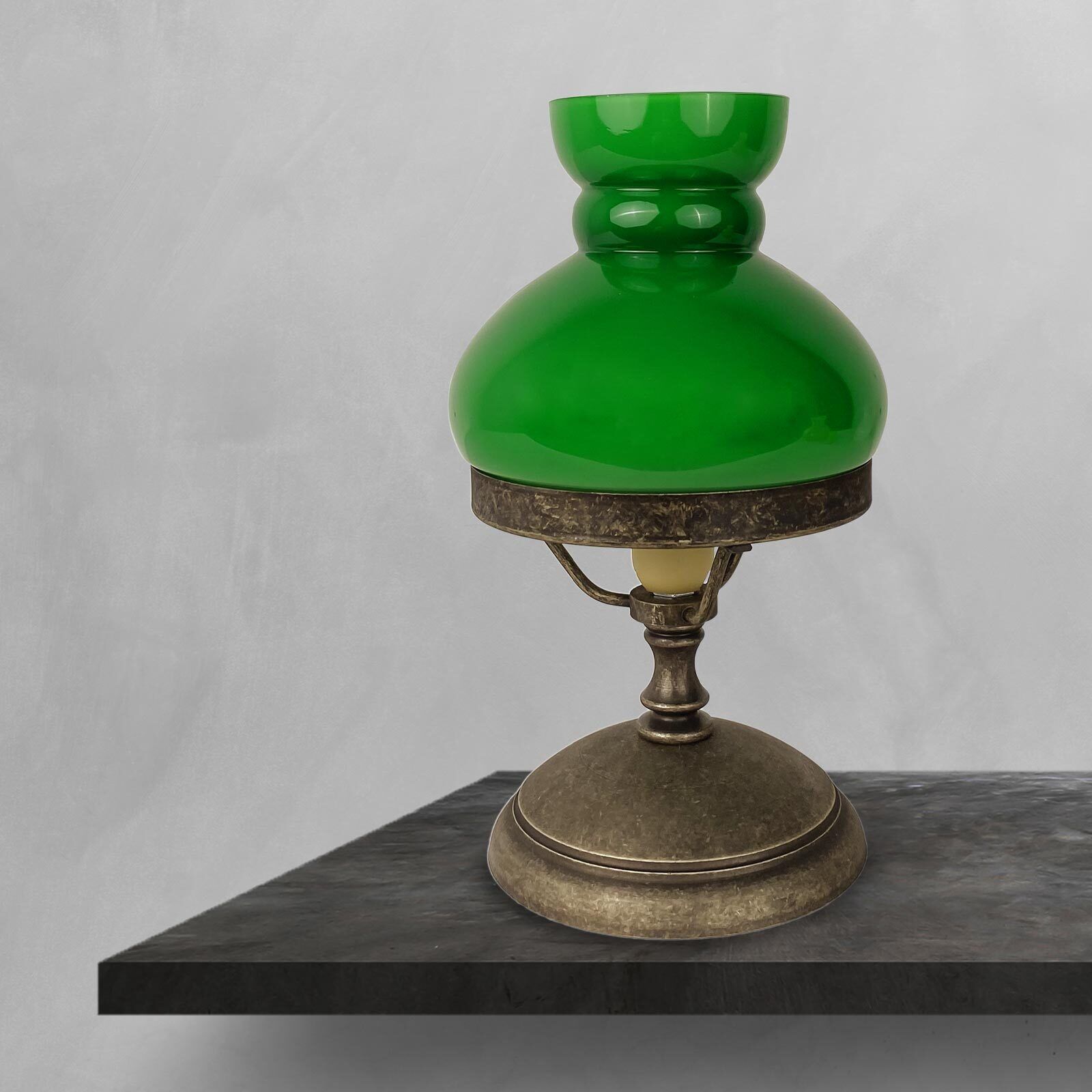 Tischlampe Grün Bronze Antik H: 23,5 cm klein Glas Messing E14