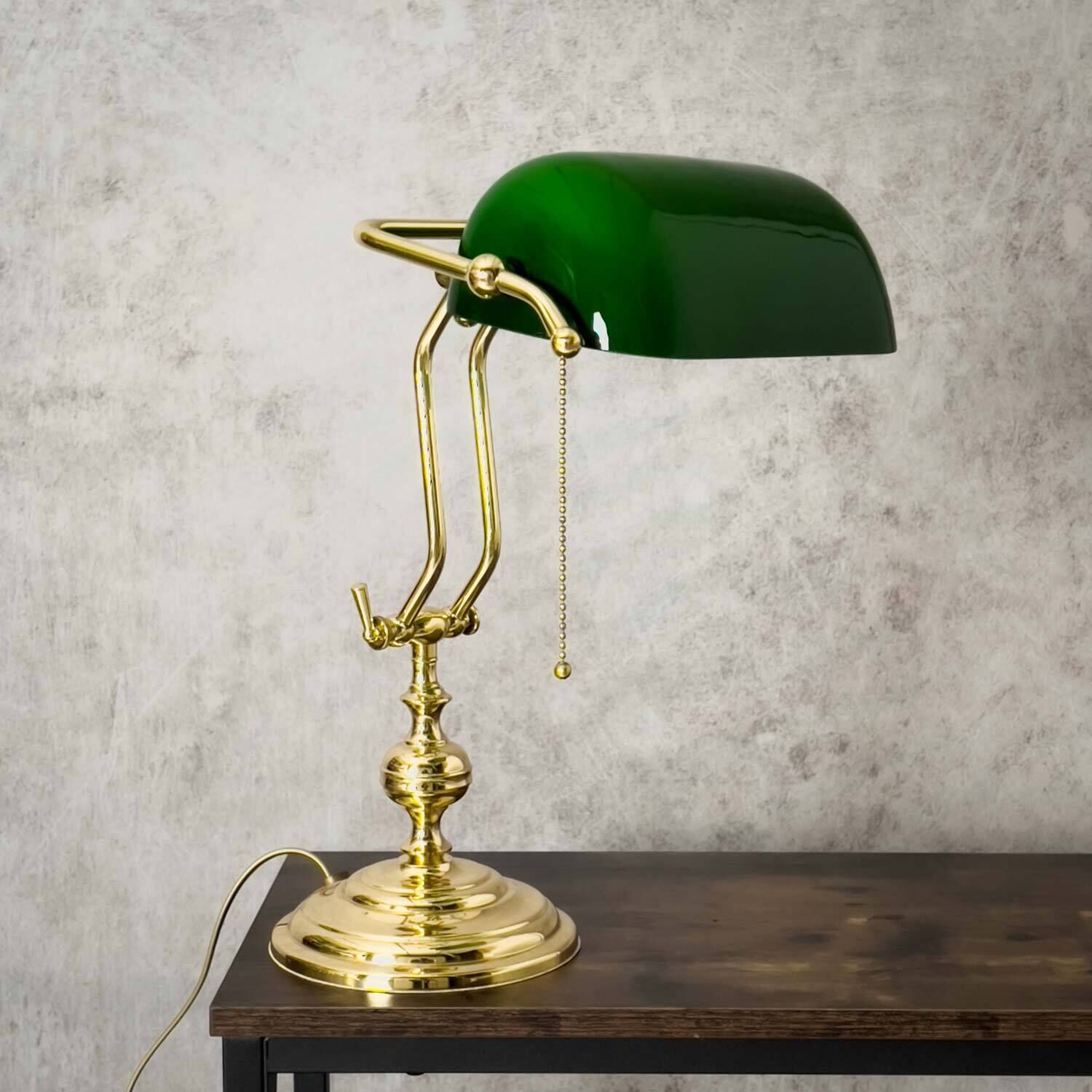 Bankerlampe Zugschalter 38 cm E27 Messing Glas Grün