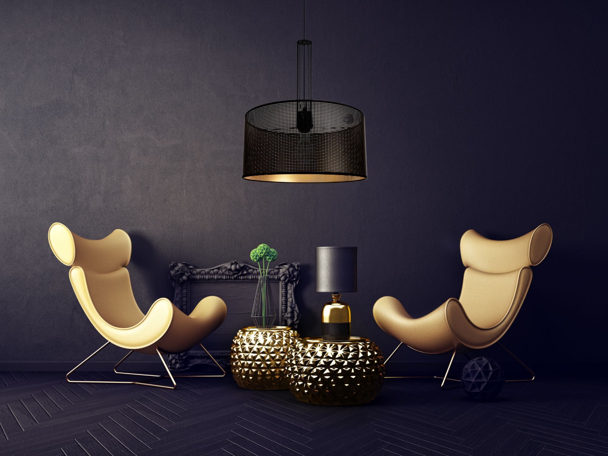 Lounge-Sessel, Sessel, Goldakzent, Modernes Interieur, Pendel-Lampe