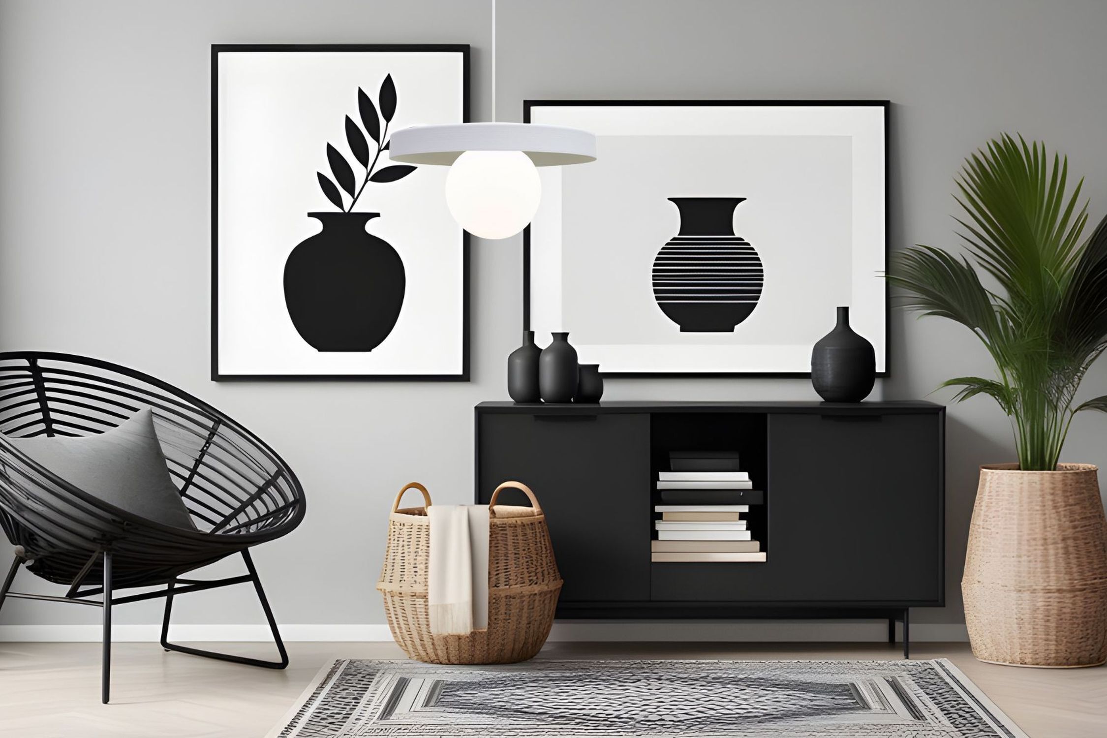 deko-raum, vase, schwarz-weiß, pflanze, lampen-deko