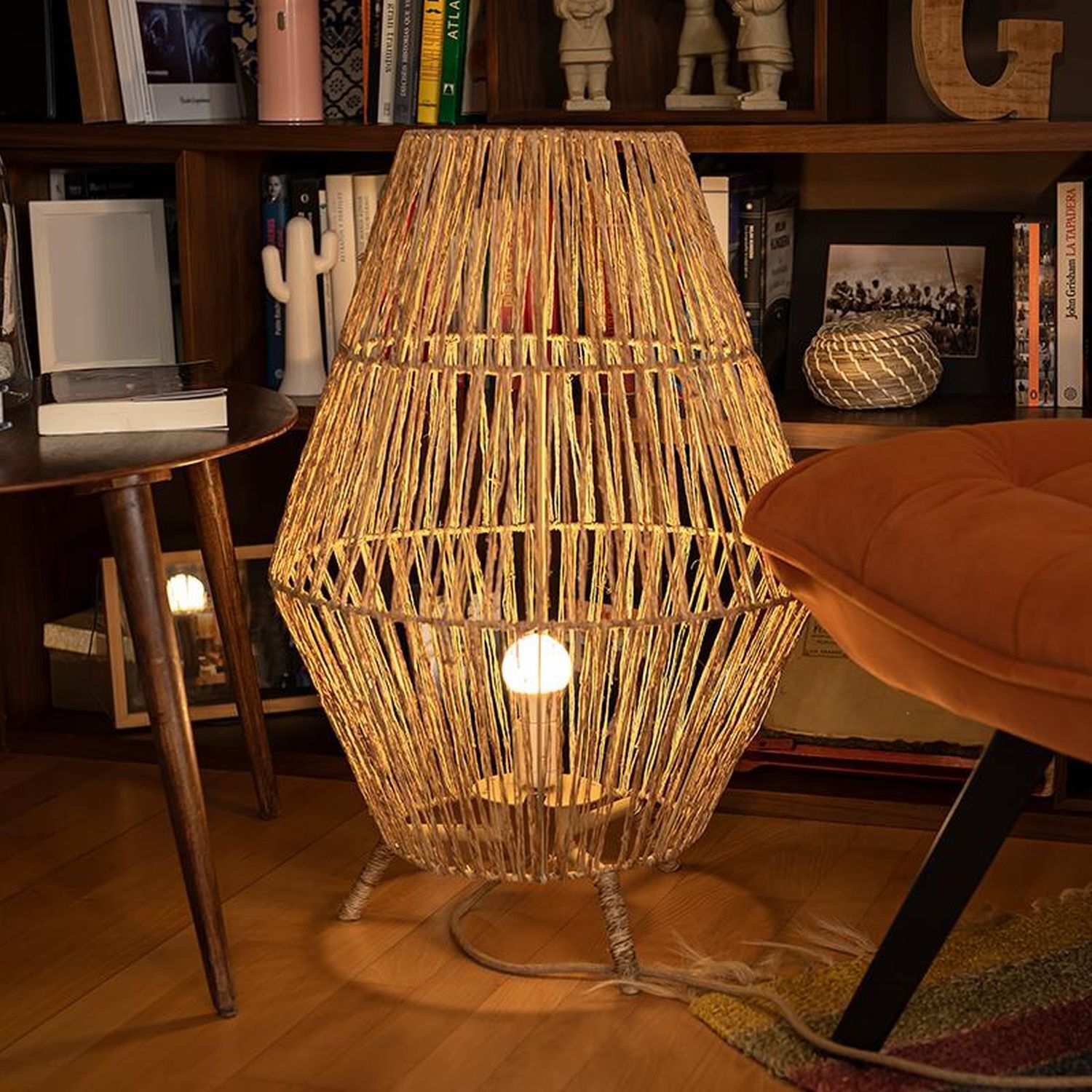 Tischleuchte Rattan H: 72 cm E27 groß Dreibein Boho