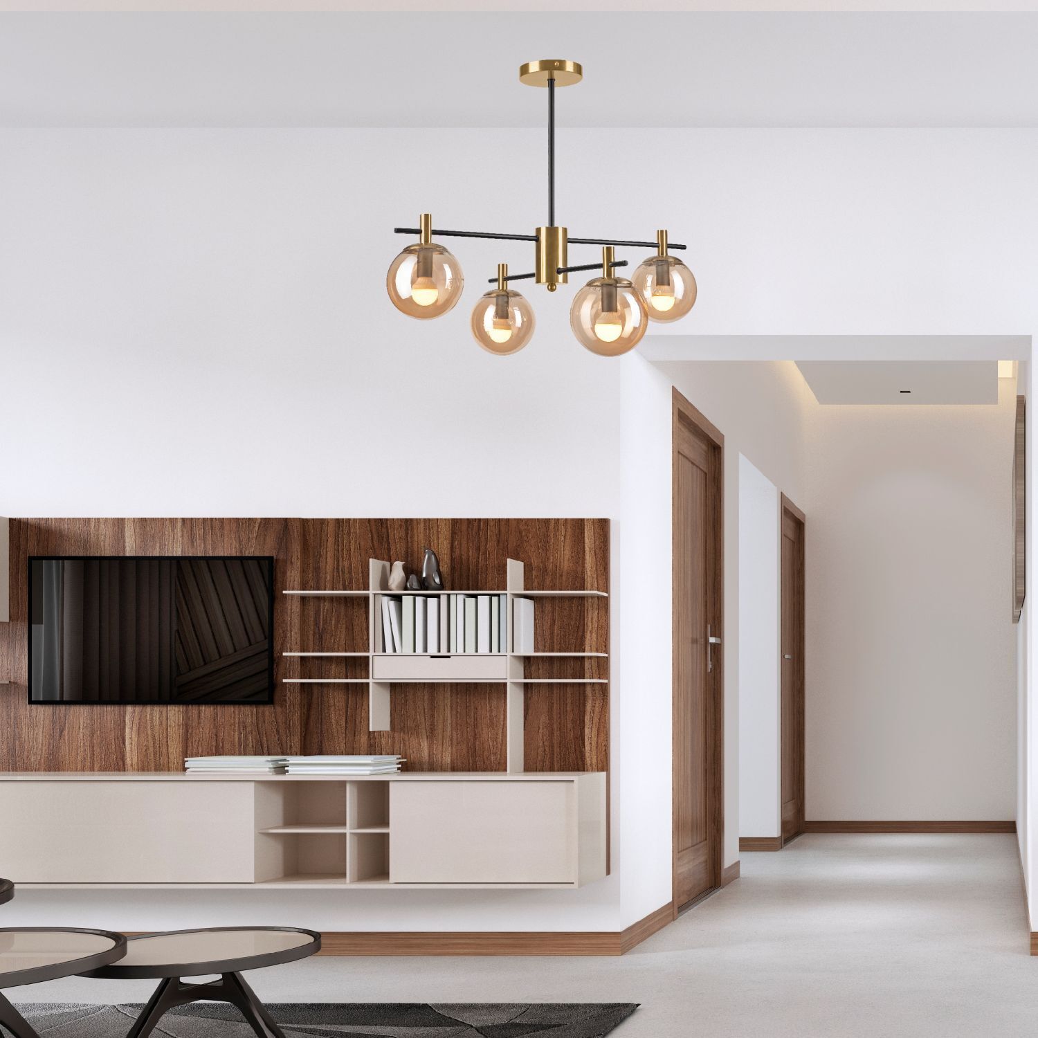 Deckenlampe Glas Metall in Gold Schwarz E14 Modern deckenleuchte, globenleuchte, modernes design, holz-akzent, wohnzimmer lighting