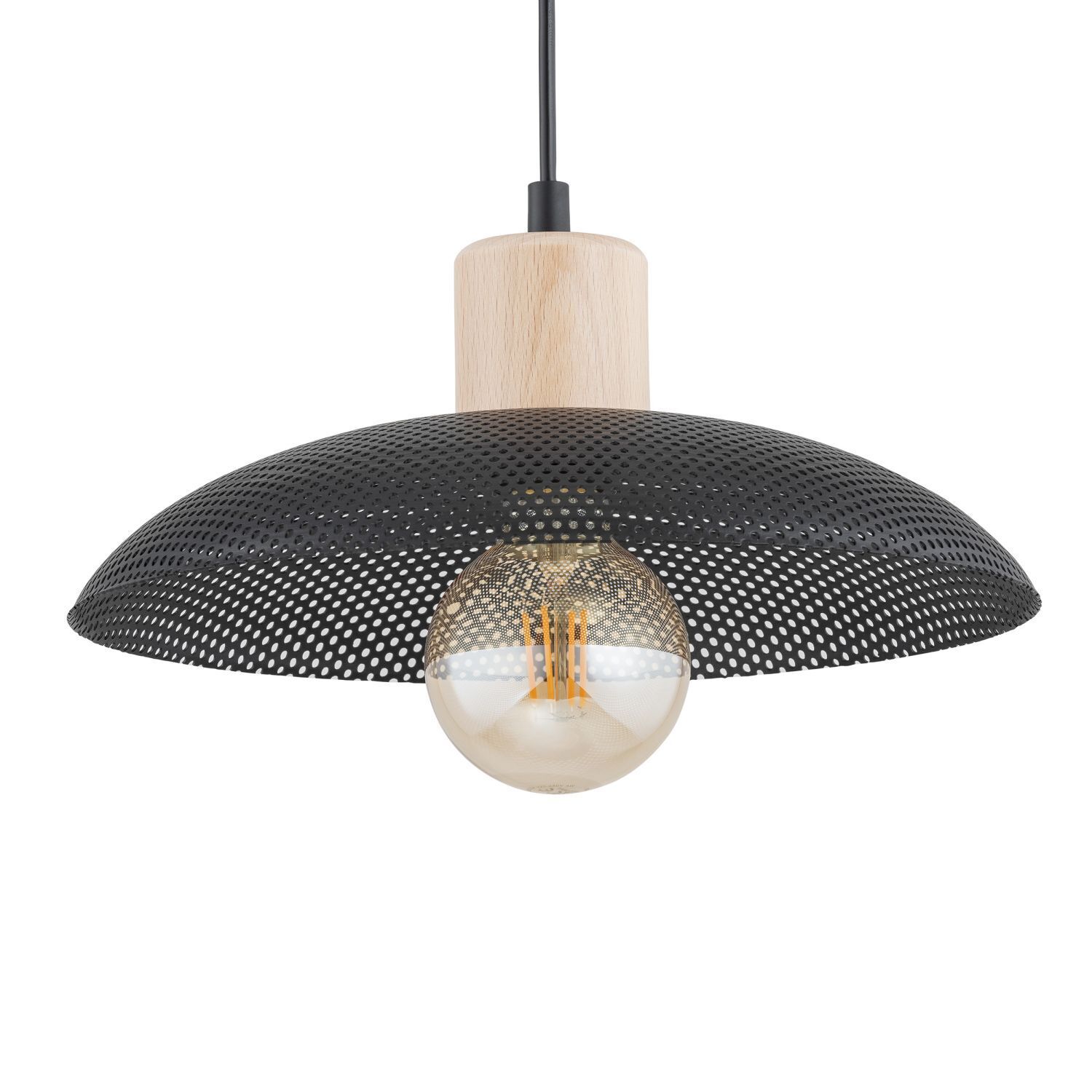Hängelampe Metall Ø 30 cm Schwarz Holzoptik E27 Loft