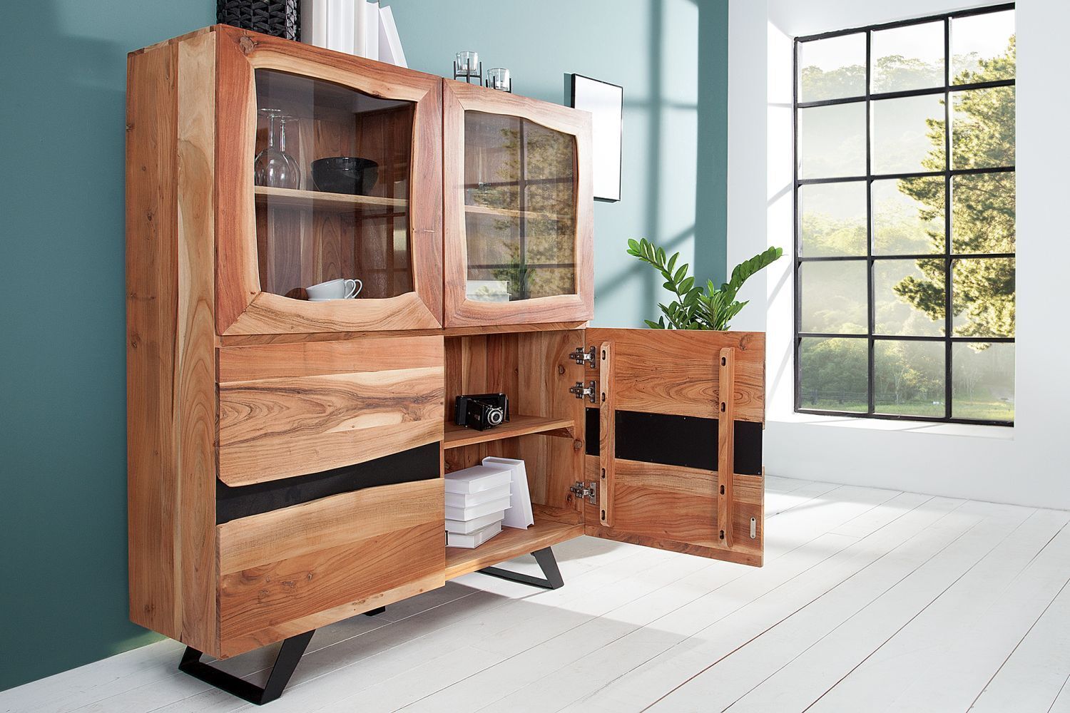 Sideboard Akazienholz Metall 20 cm in Natur Schwarz Hartholz, Holz, Innenarchitektur, Anrichte, Gebeiztes Holz