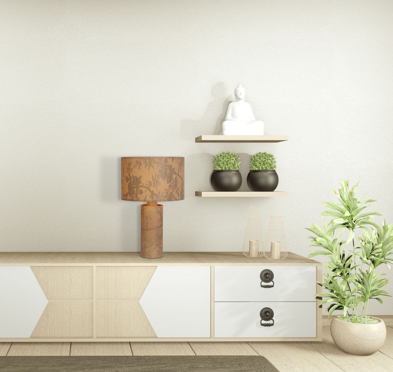 Große Tischleuchte Papier Muster H:66 cm E27 gemütlich Holzsideboard, Wohnzimmerschrank, Tischlampe, Topfpflanzen, Dekor-Sets