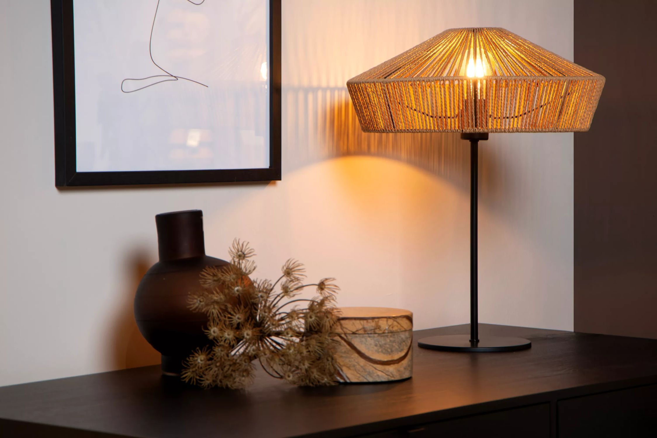 Runde Tischlampe Papier Natur Schwarz E27 50 cm Lampe