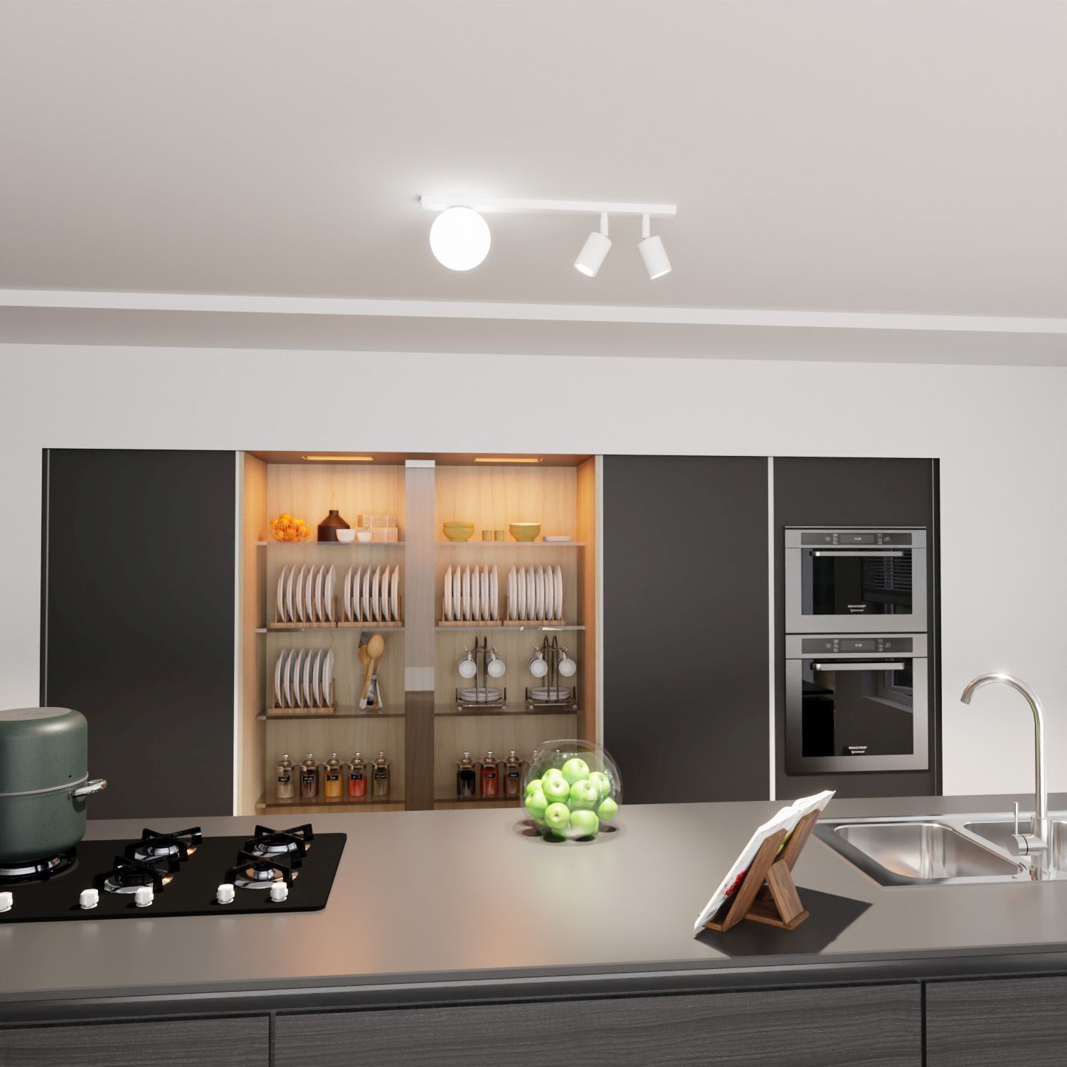 Deckenstrahler 60 cm lang Weiß GU10 + E14 Metall Glas Drinnen, Küche, Innenarchitektur, Kochfeld