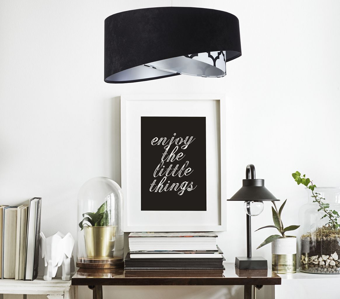 Hängeleuchte rund D: 50 cm Stoff Velours Optik Schwarz Weiß