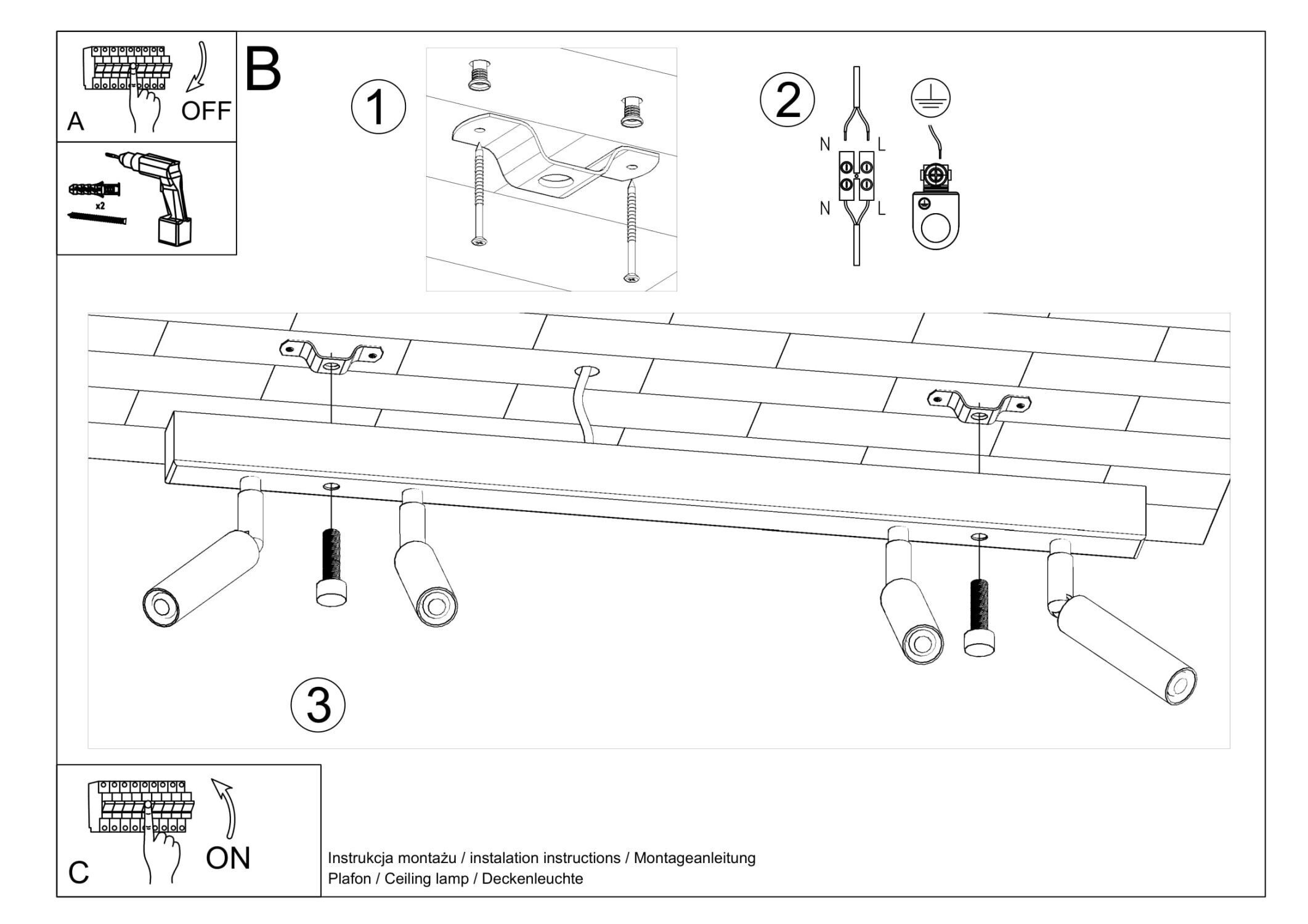 Deckenleuchte Schwarz Metall 4-flammig 60 cm lang