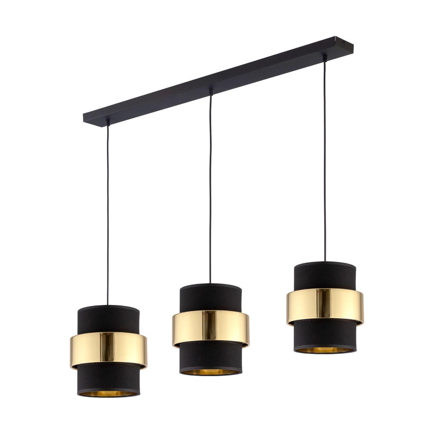 Hängelampe Stoff Metall 3-flammig Schwarz Gold Modern Duscharmatur, Leuchte, Lampe, Deckenleuchte, Kronleuchter