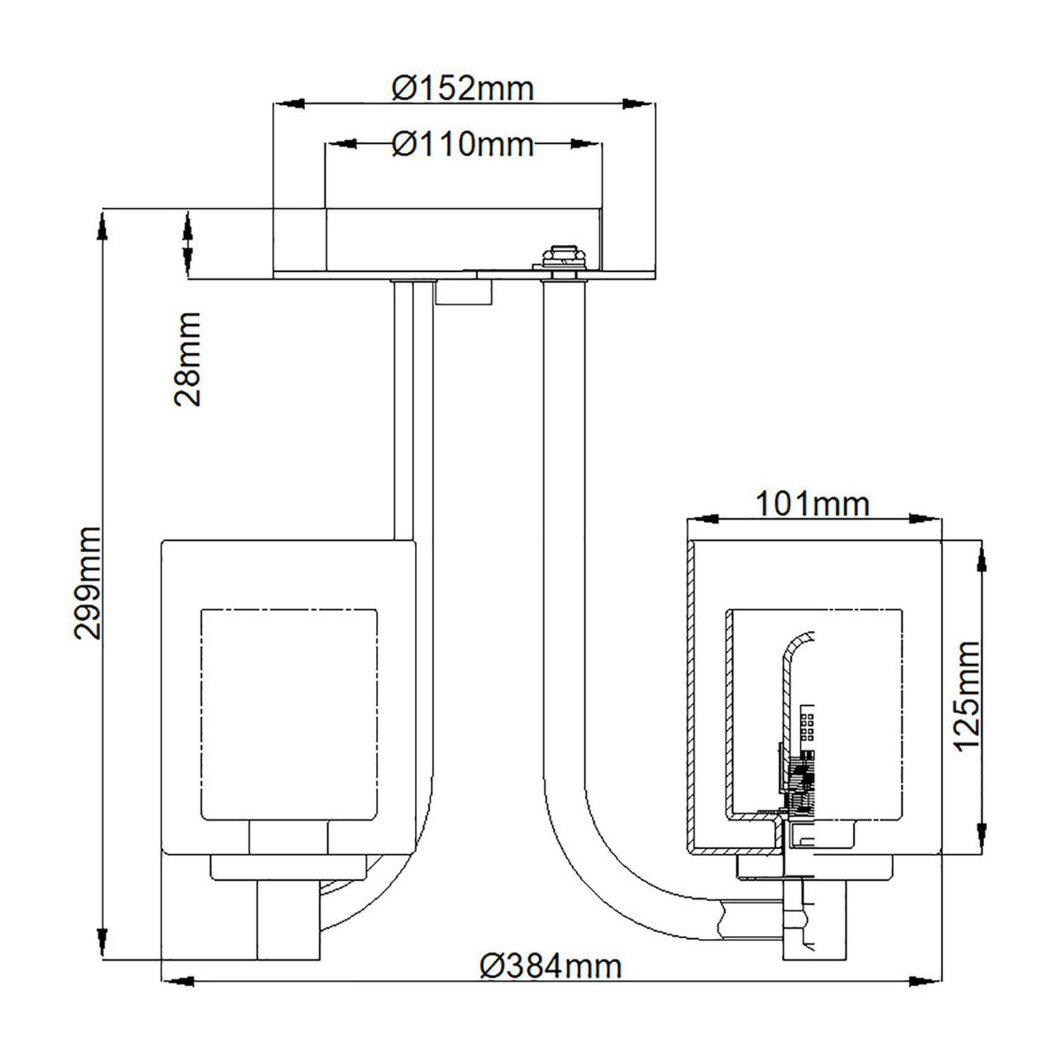 Kronleuchter Badezimmer IP44 Ø 38,4 cm Metall Glas Chrom Weiß CAD-Diagramm, Diagramm