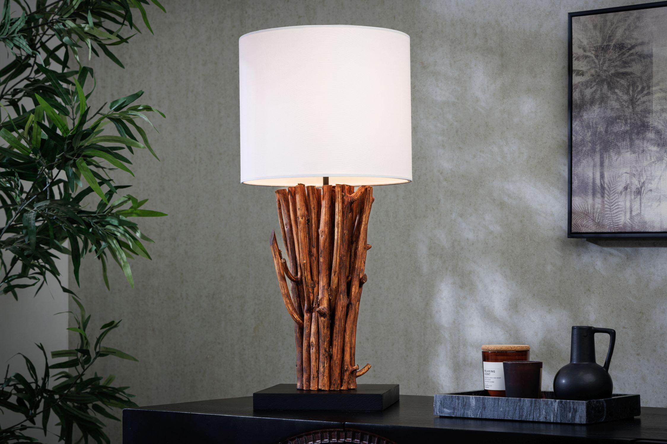 Tischlampe Weiß Holz Stoff E27 H:58 cm gemütlich Lampe