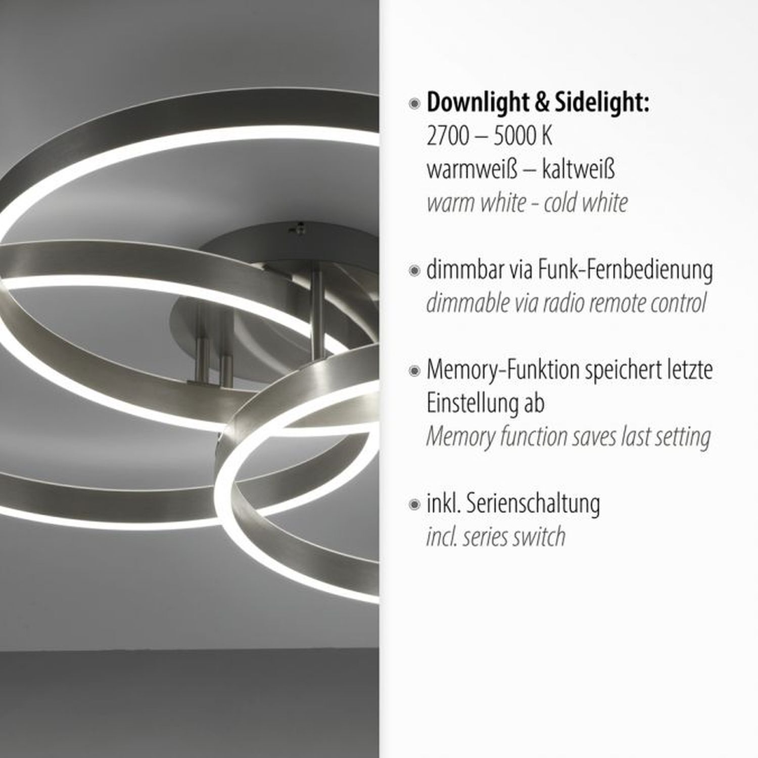 LED Deckenlampe Ringe Fernbedienung L:75 cm dimmbar Deckenleuchte, Kronleuchter, Lampe