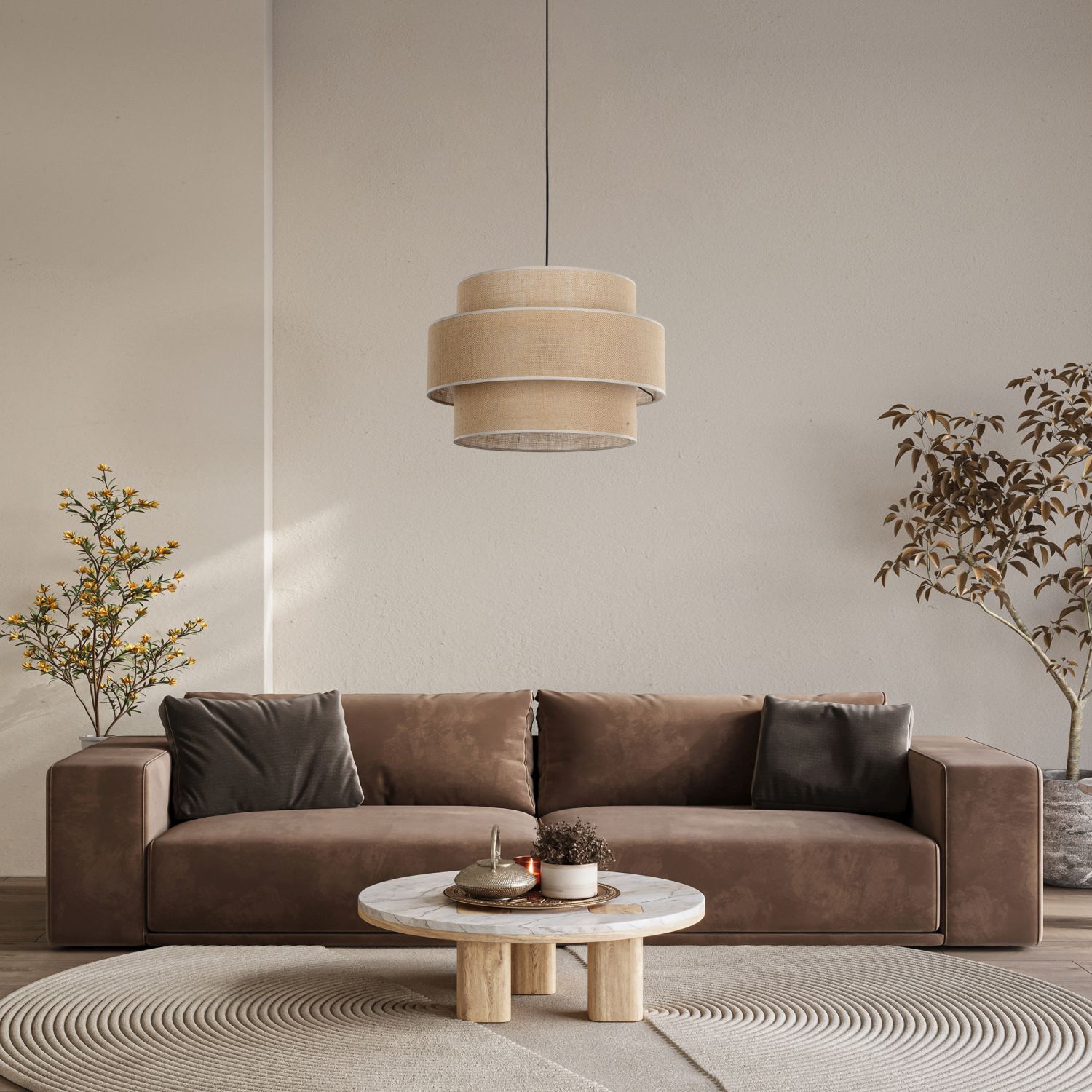 Hängeleuchte Jute rund Ø 50 cm H: max. 110 cm 3x E27 Boho Dekoration für Zuhause, Lampe, Innenarchitektur, Couch, Tabelle