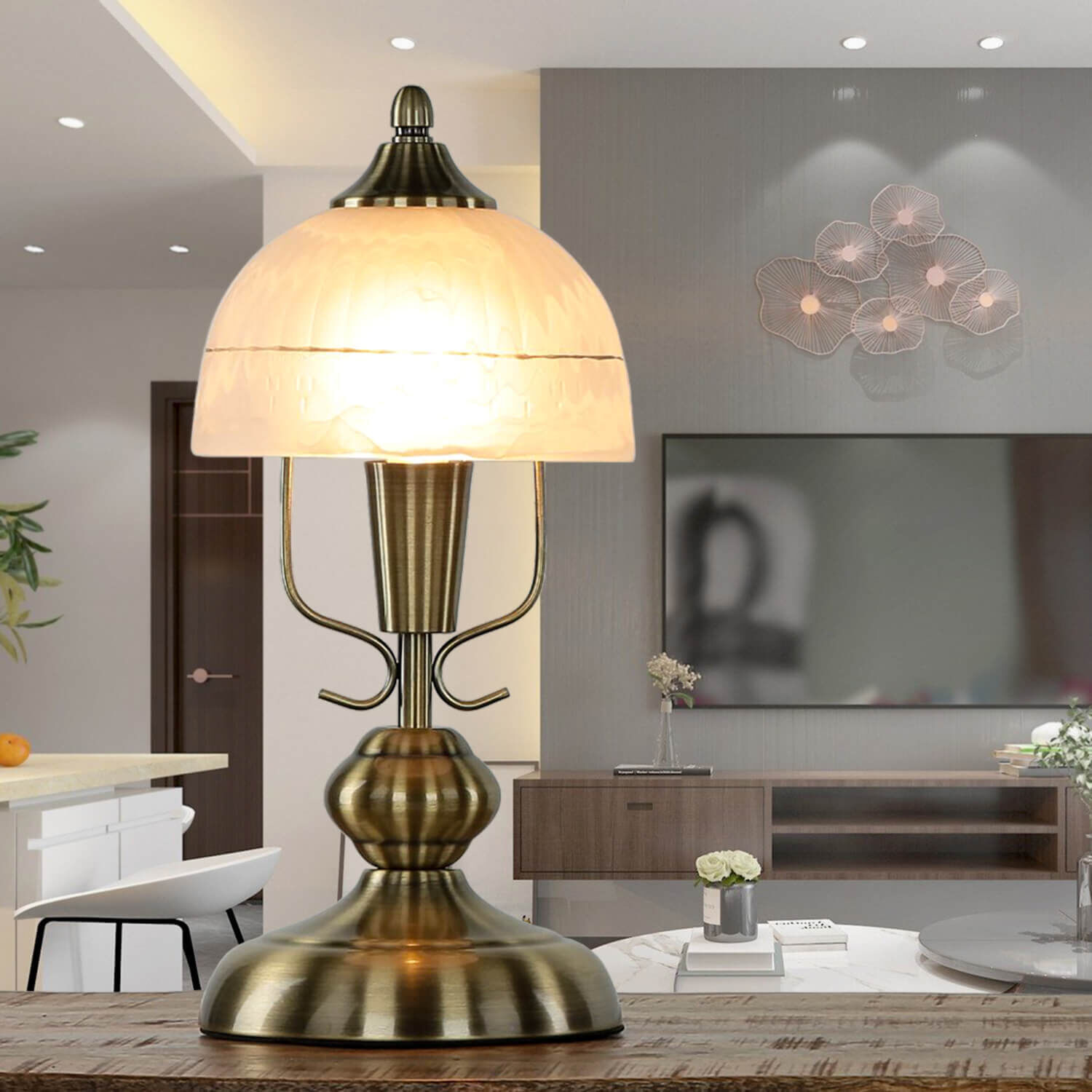 Tischlampe Glas Metall 35 cm in Bronze Weiß Jugendstil Lampe, Tischlampe