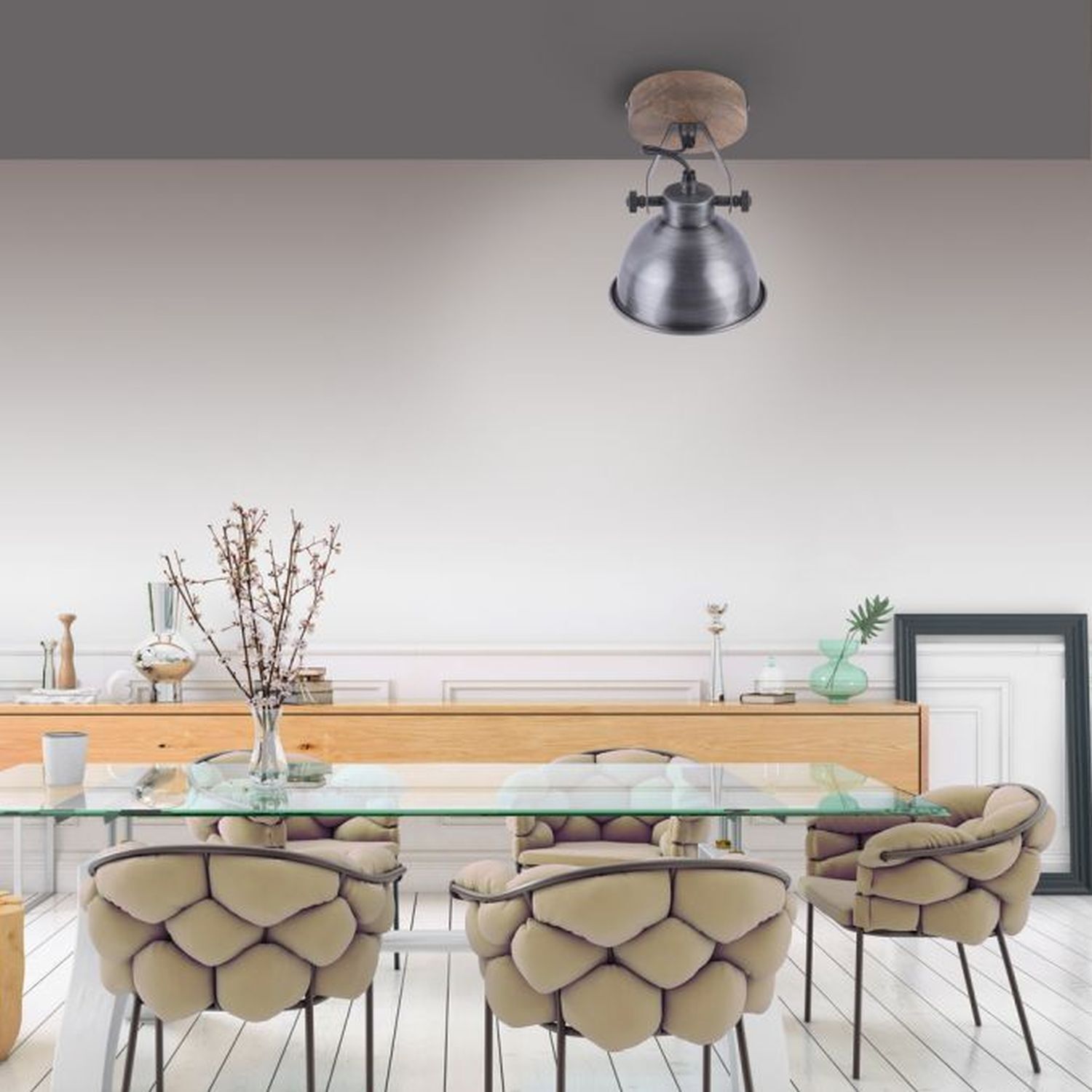 Beweglicher Deckenspot Holz Metall E14 Industrial Speisesaal, Esstisch, Mobiliar, Tabelle, Innenarchitektur