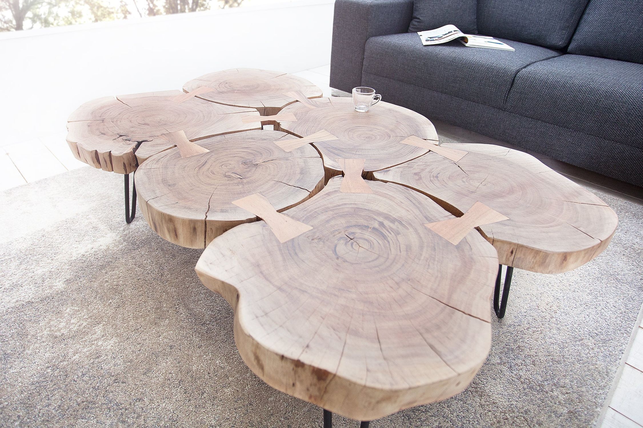 Couchtisch Akazienholz Metall 110 x 70 cm Baumscheiben Moebel, Tabelle, Tischplatte, Kaffeetisch, Holz