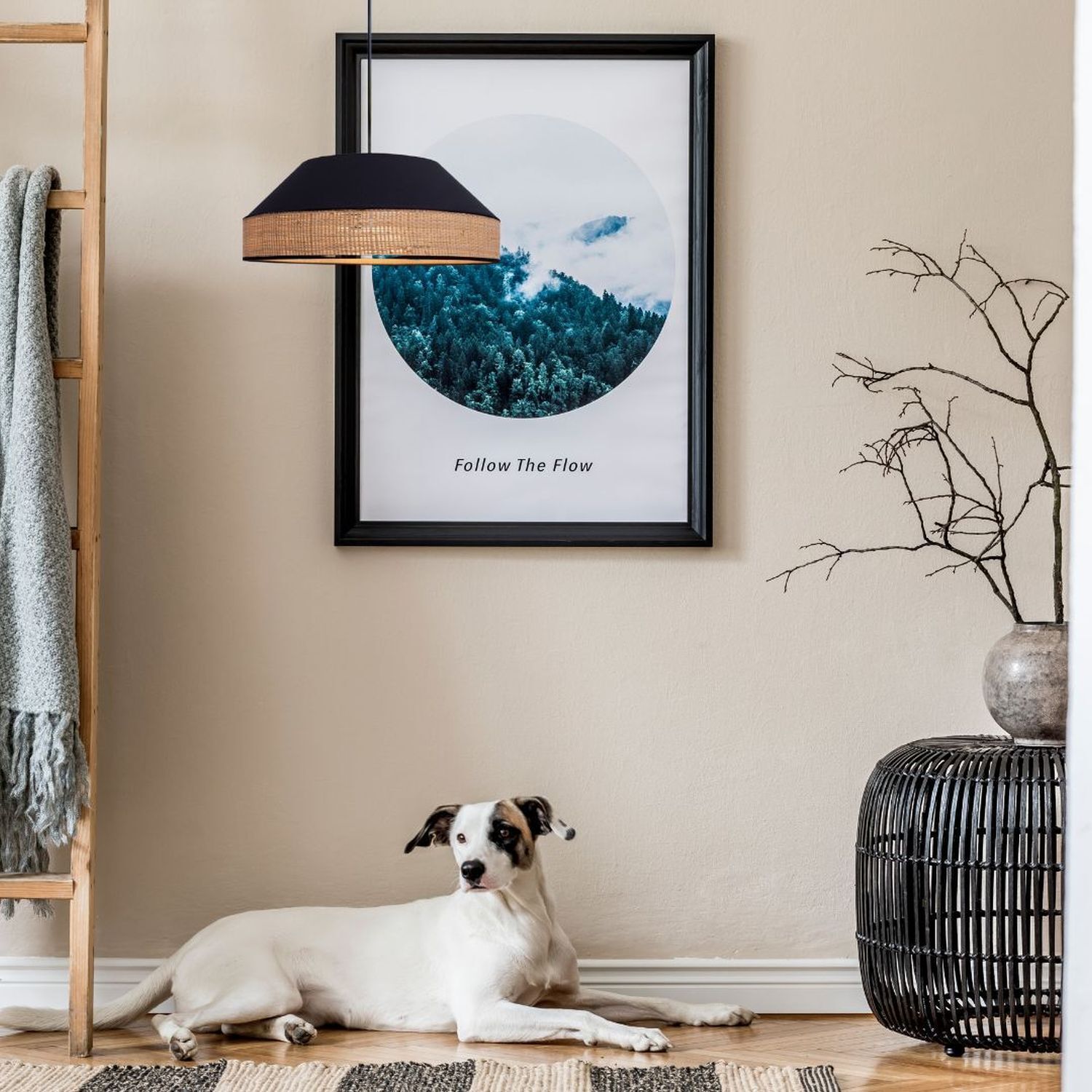 Runde Hängelampe Stoff Rattan Schwarz Natur E27 Ø45 cm Hund, Säugetier, Haustier, Drinnen, Innenarchitektur