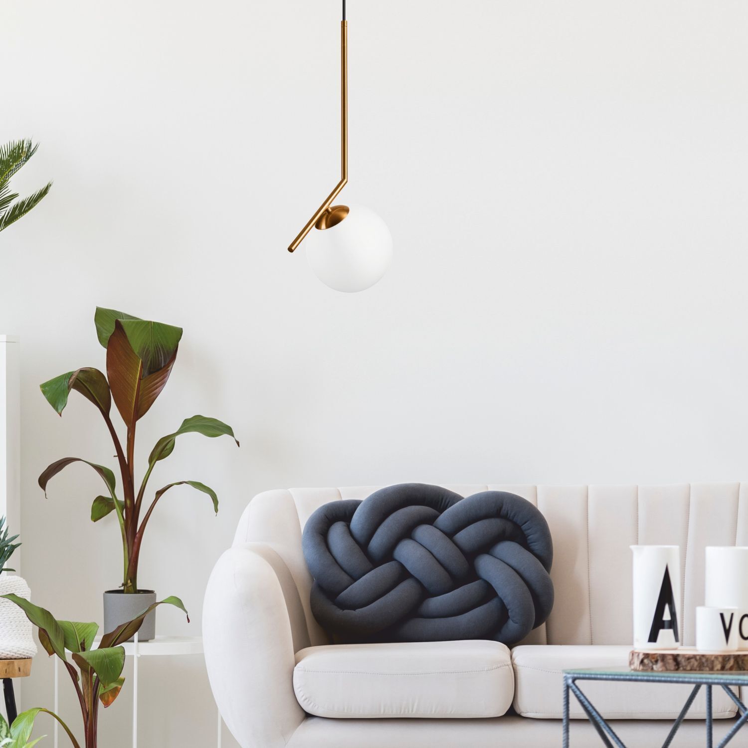 Pendelleuchte Glaskugel Metall in Messing Weiß Ø30 cm Drinnen, Innenarchitektur, Pflanze, Knoten