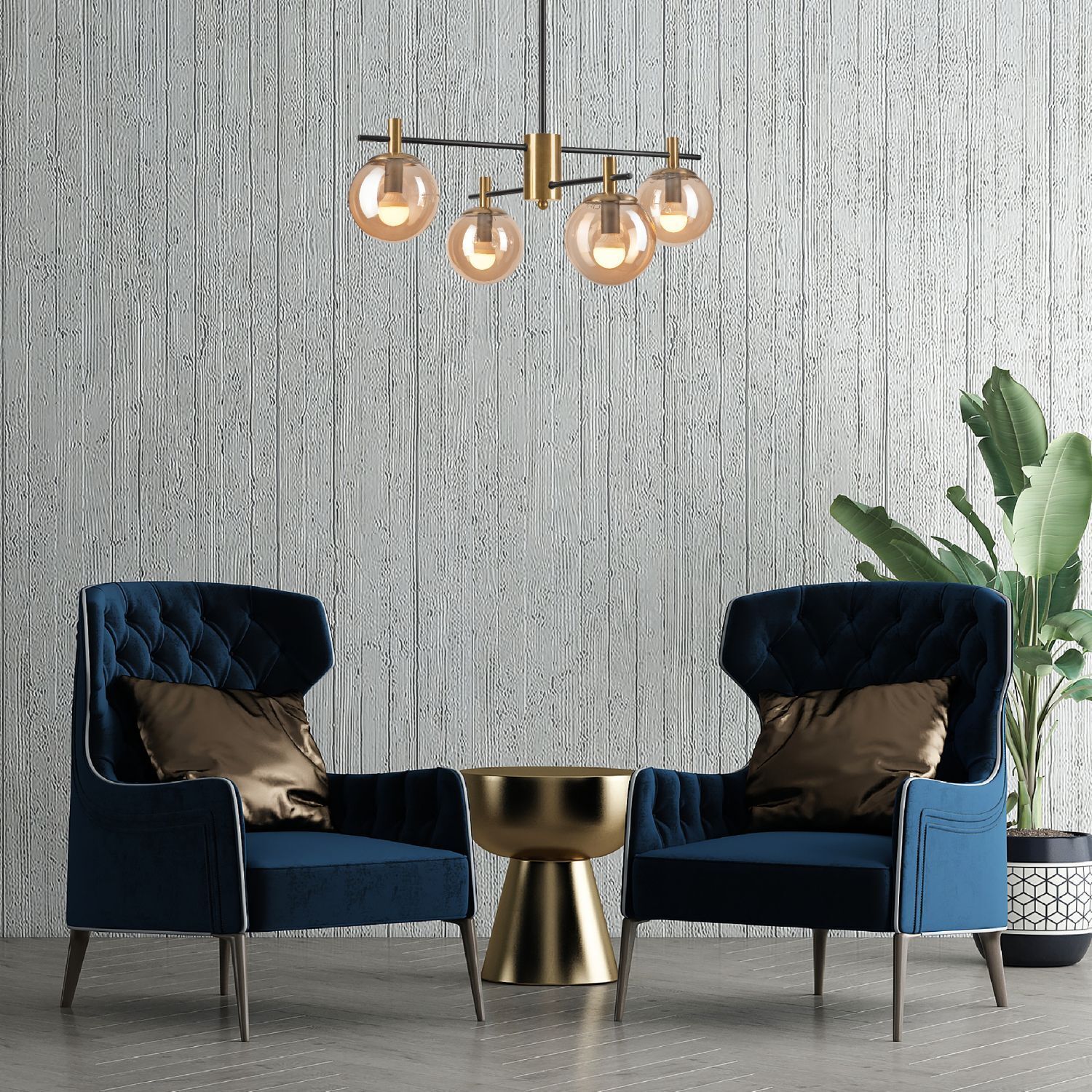 Deckenlampe Glas Metall in Gold Schwarz E14 Modern Sofa-Sessel, Armlehnenstuhl, blaue Polsterung, goldener Beistelltisch, Aufhängung-Leuchte
