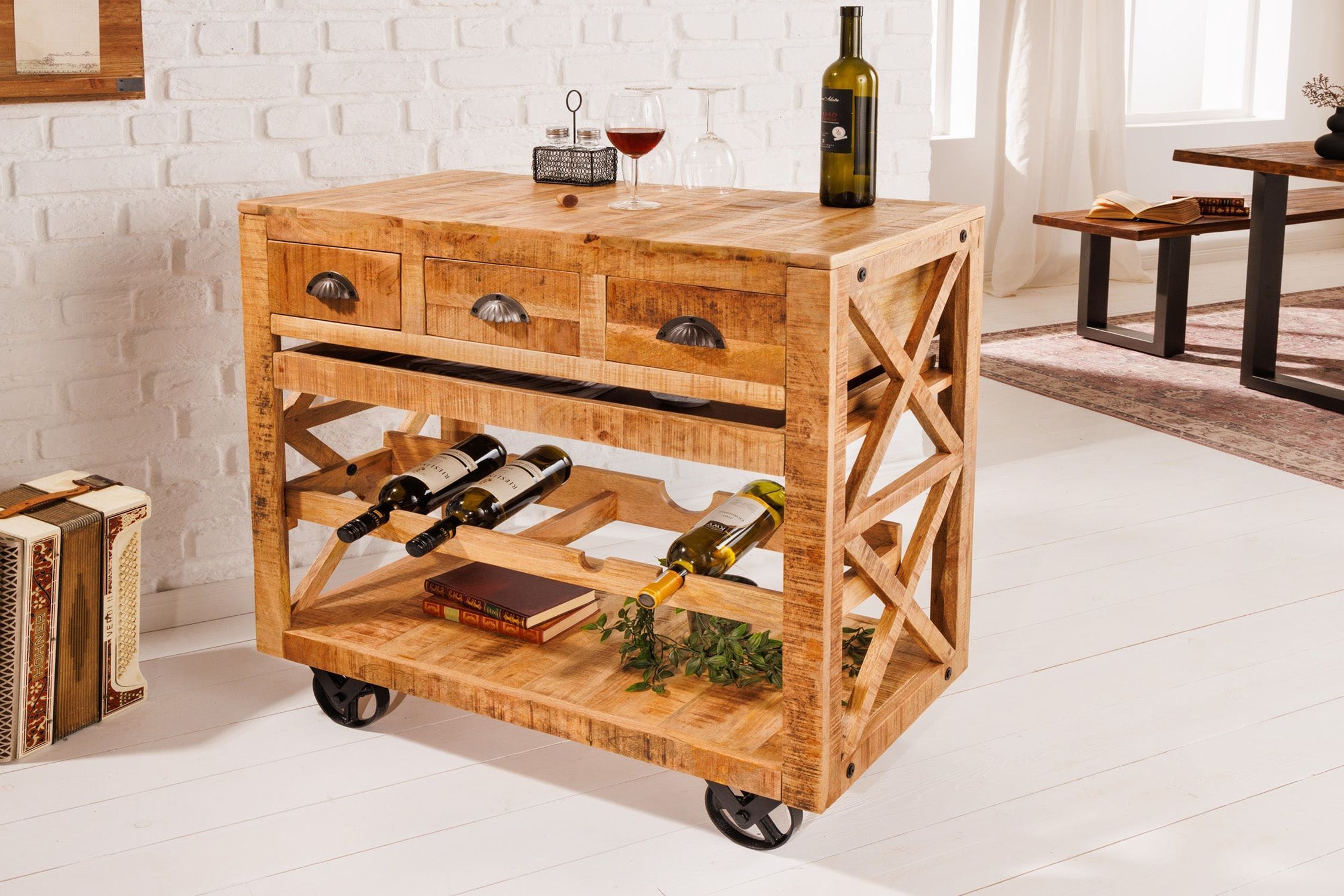 Barschrank mit Rollen Mangoholz massiv B: 86 cm Industrial