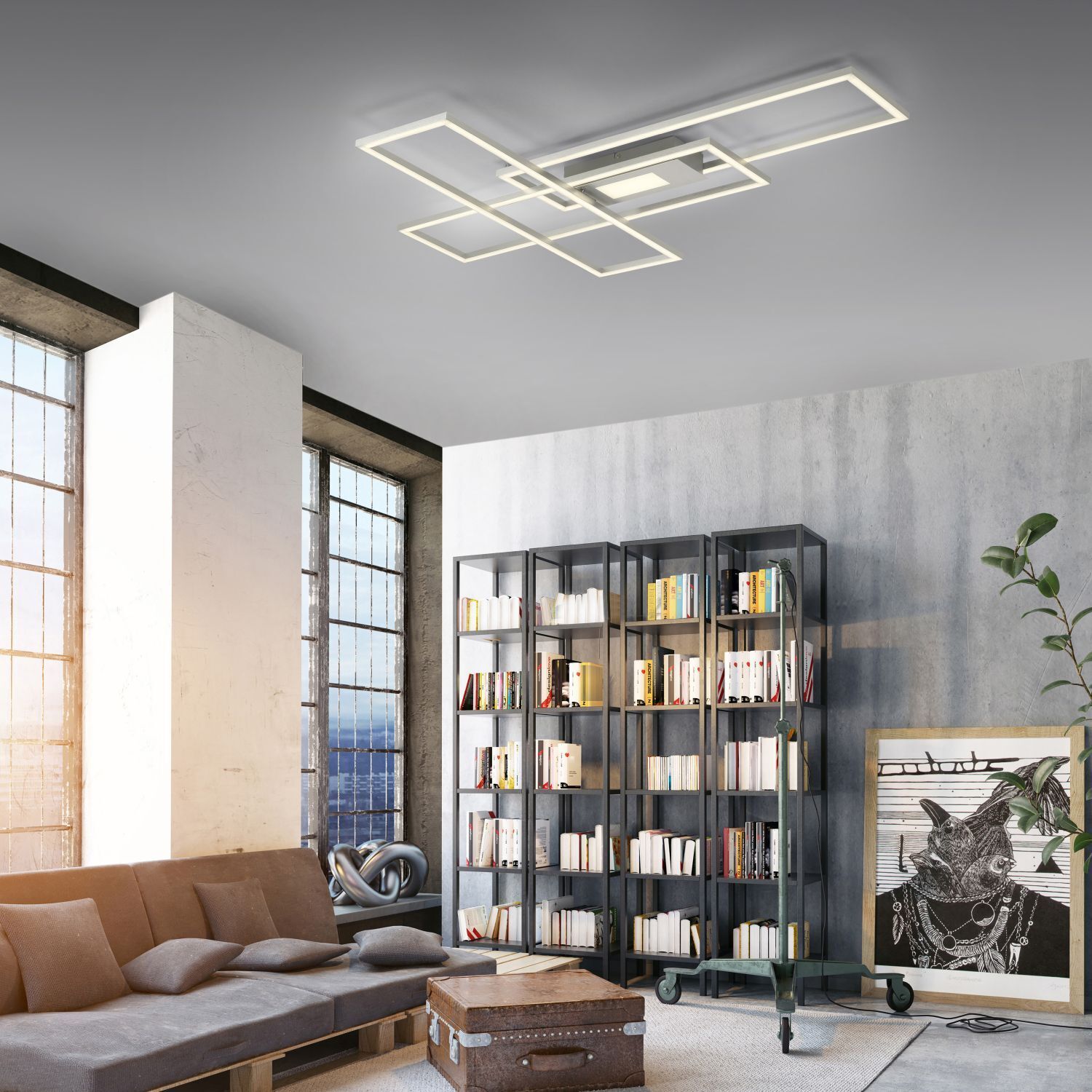 LED Deckenlampe dimmbar Metall in Stahl L:98,9 cm 45 W Moebel, Kiste, Couch, Wohnzimmer, Bücherschrank