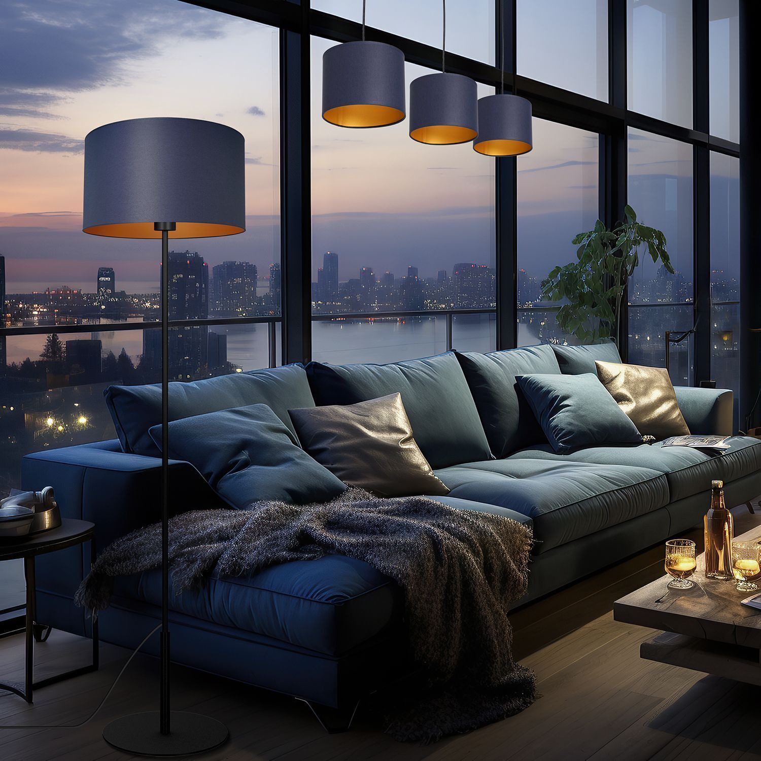 Hängelampe Blau Gold Stoff Metall E27 75 cm blendarm