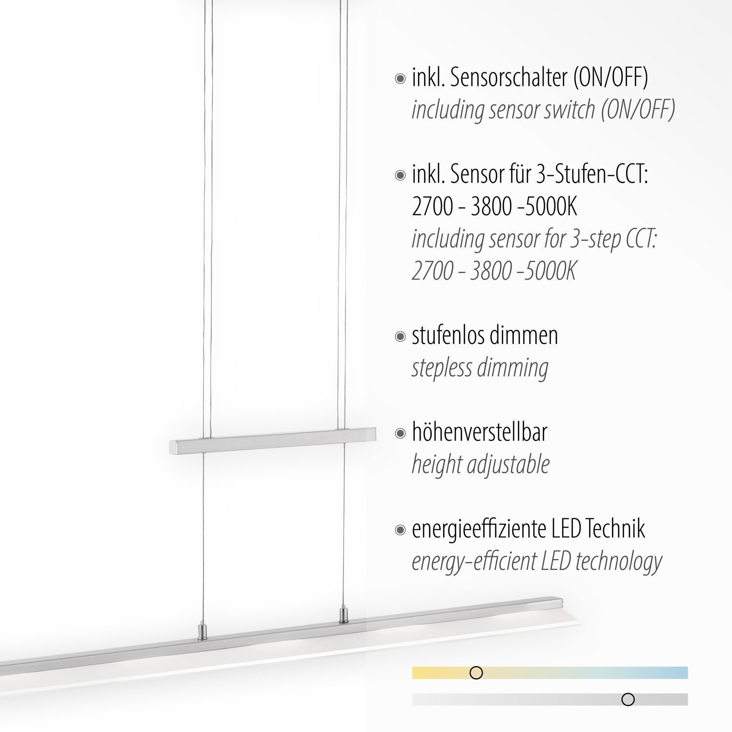 LED Pendelleuchte dimmbar Metall 100 cm 450 lm in Stahl Weißes Brett, Seite, Text