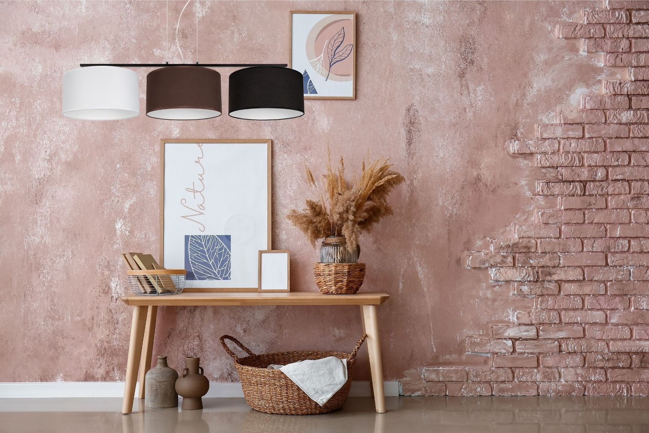 Hängelampe Stoff Weiß Braun Schwarz E27 100 cm lang Wohnzimmer, rosa Wand, Holztisch, Korb, Dekoration
