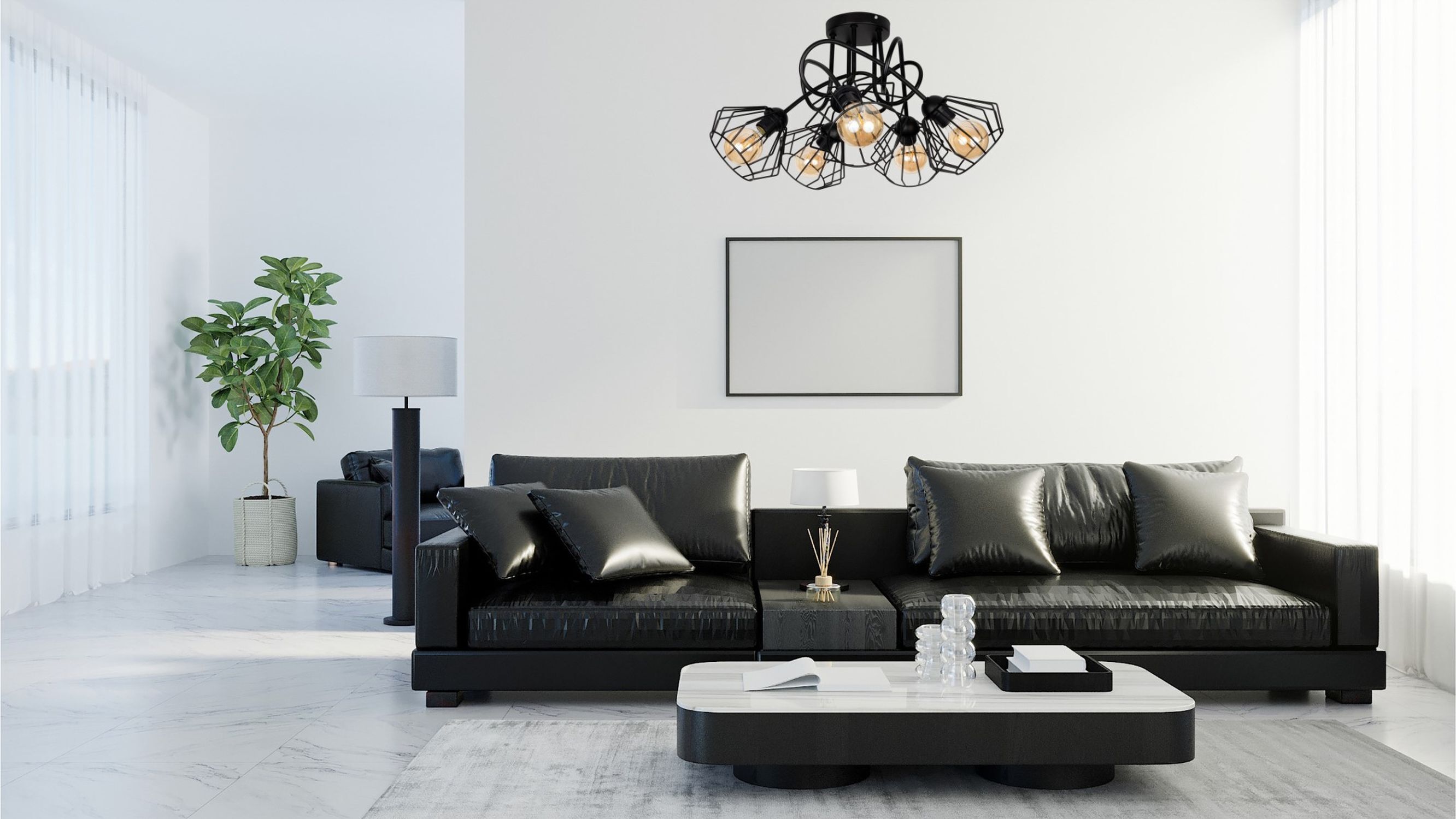 Schwarze Deckenlampe Metall Draht E27 L:60 cm 5-flammig Wohnzimmer, Couch, Dekoration für Zuhause, Tabelle, Lampe