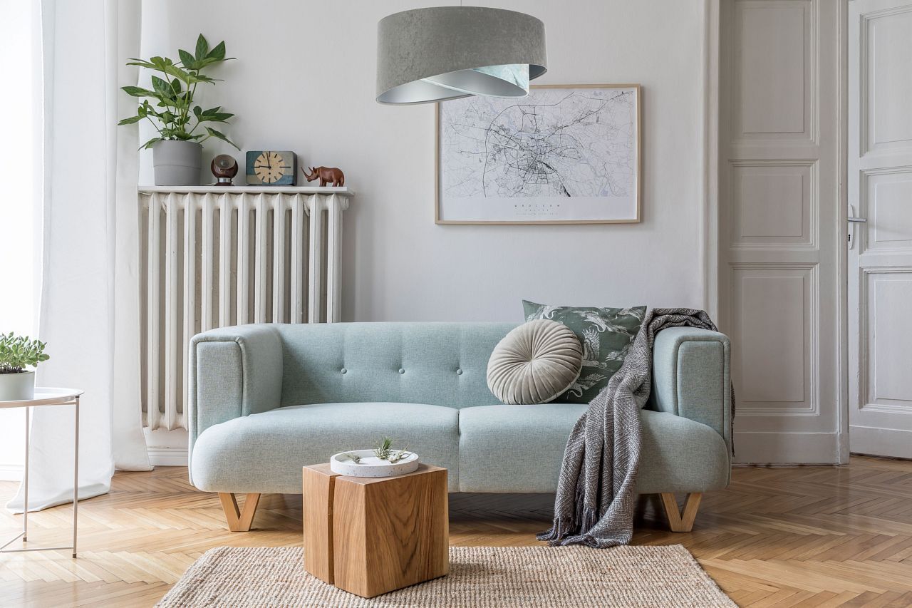 Pendelleuchte Stoffschirm Ø 50 cm rund Grau Hellblau Silber