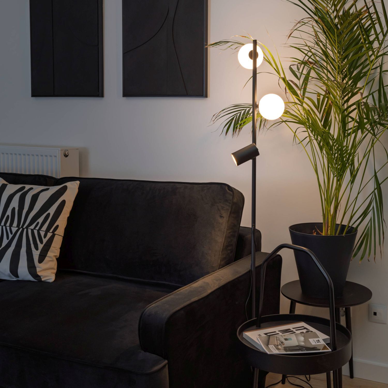 Stehlampe Schwarz 152 cm GU10 G9 Metall Glas flexibel Sofa, Wohnzimmer, Stehlampe, Pflanze, Kissen