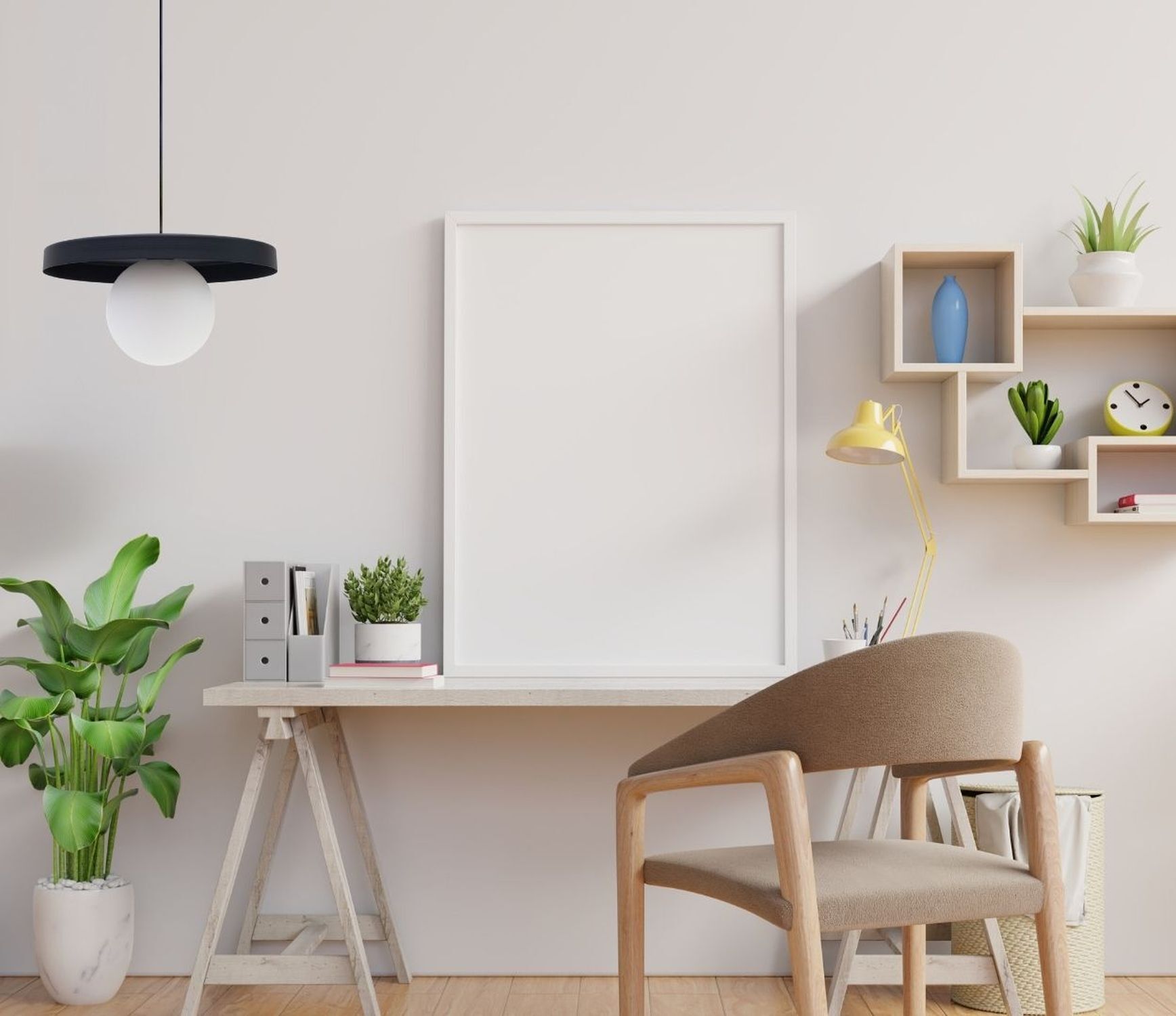 home office, desk, chair, rahmen, pflanze