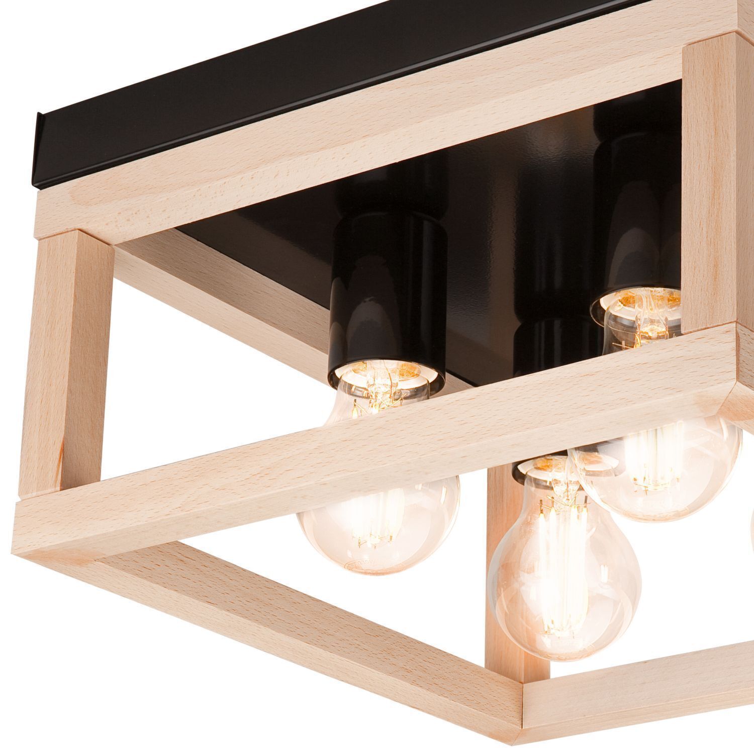 Deckenlampe eckig Schwarz Natur Holz Metall B: 30 cm Deckenleuchte, Licht