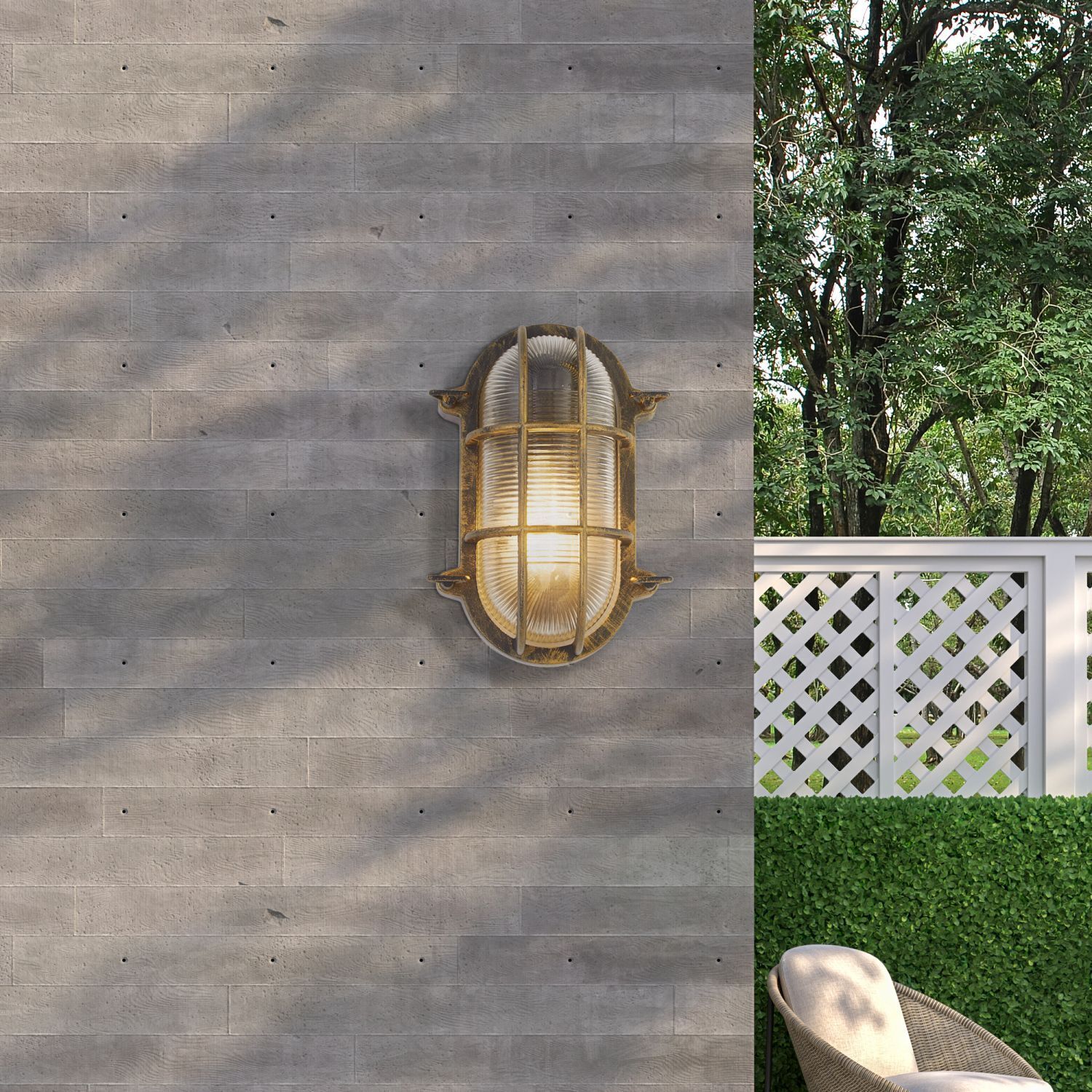 Wandlampe außen IP44 E27 in Gold Antik H: 25 cm Maritim