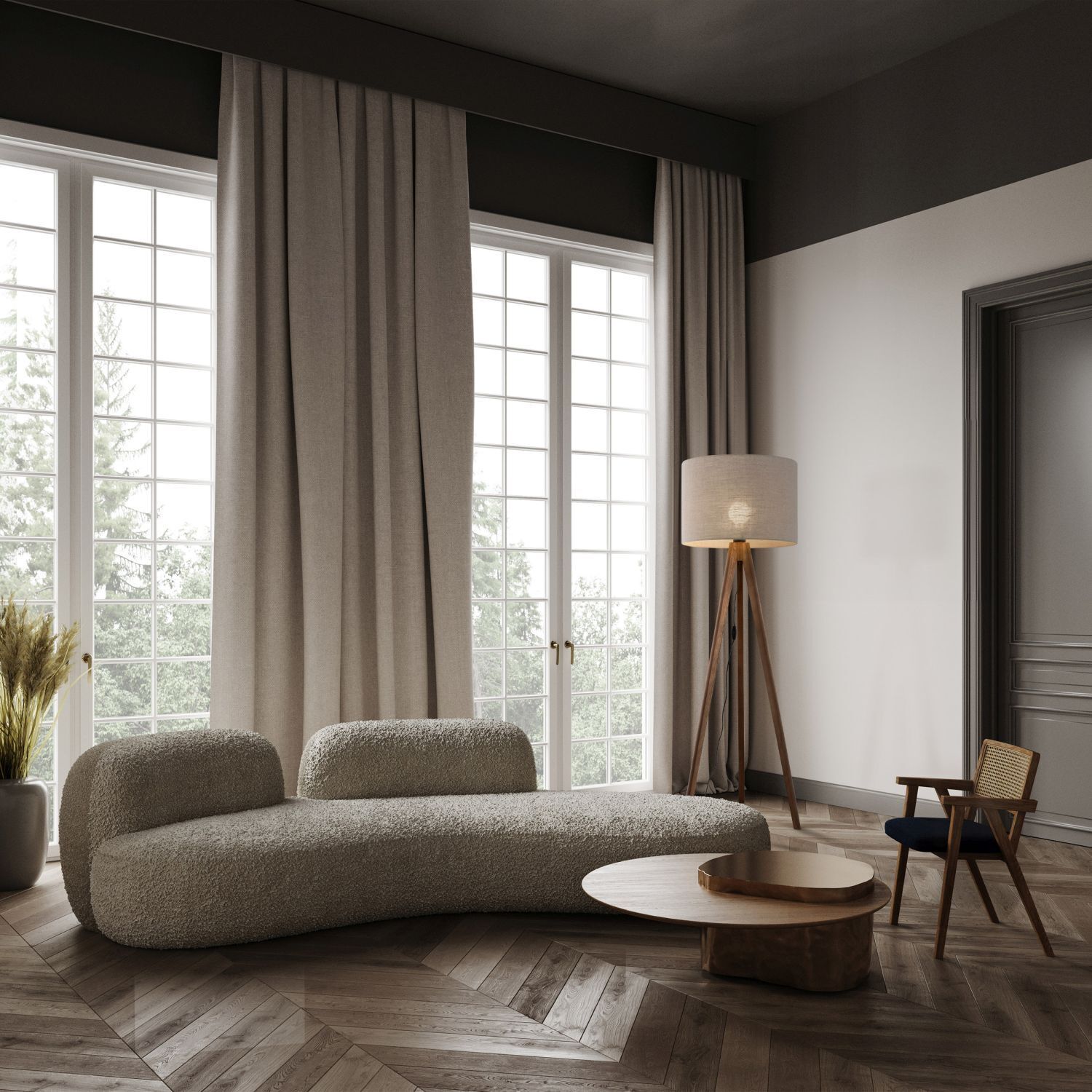 Stehleuchte klein 145 cm Leinen Holz E27 Dreibein Couch, Fenster, Lampe, Französisches Fenster, Innenarchitektur