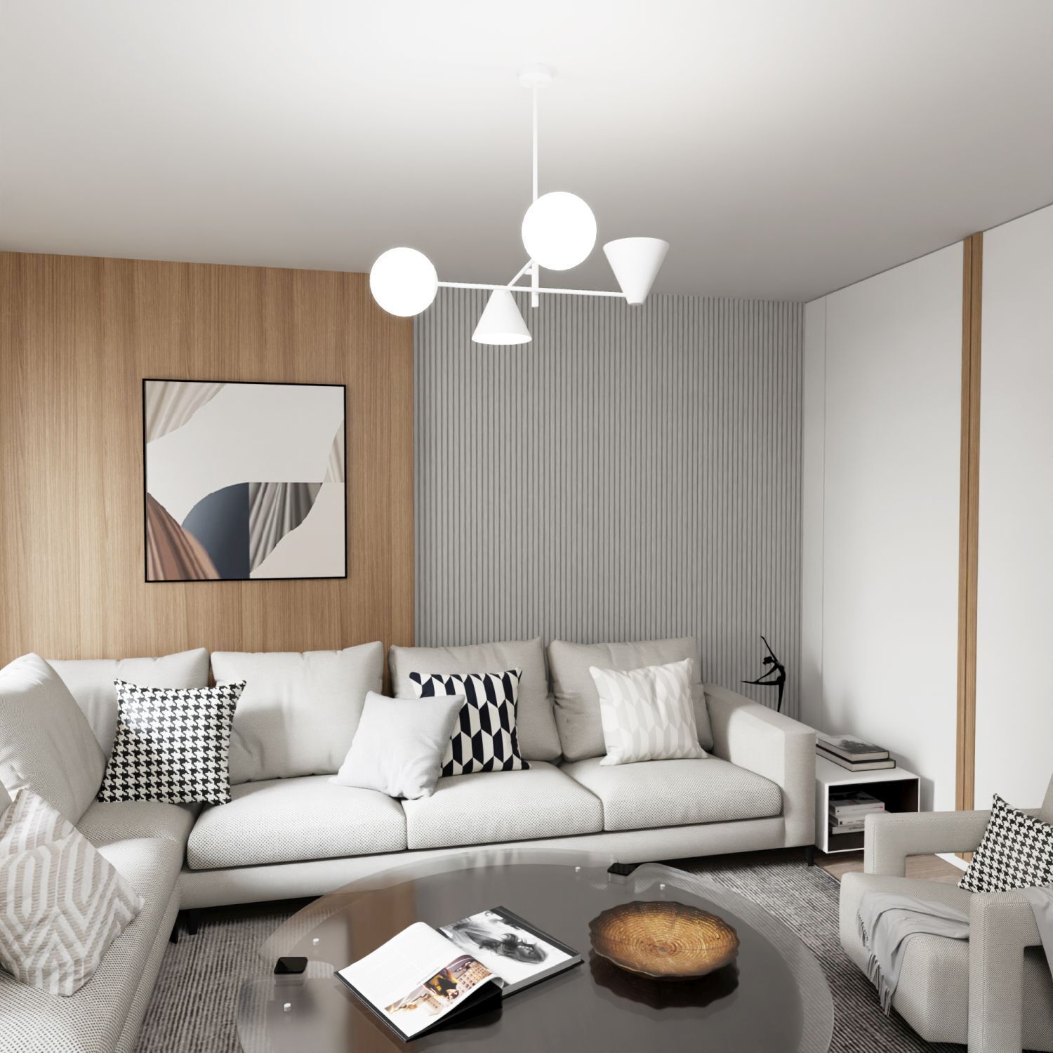 Deckenleuchte Weiß blendarm Metall Glas E14 4-flammig Dekoration für Zuhause, Wohnzimmer, Innenarchitektur, Couch, Kissen