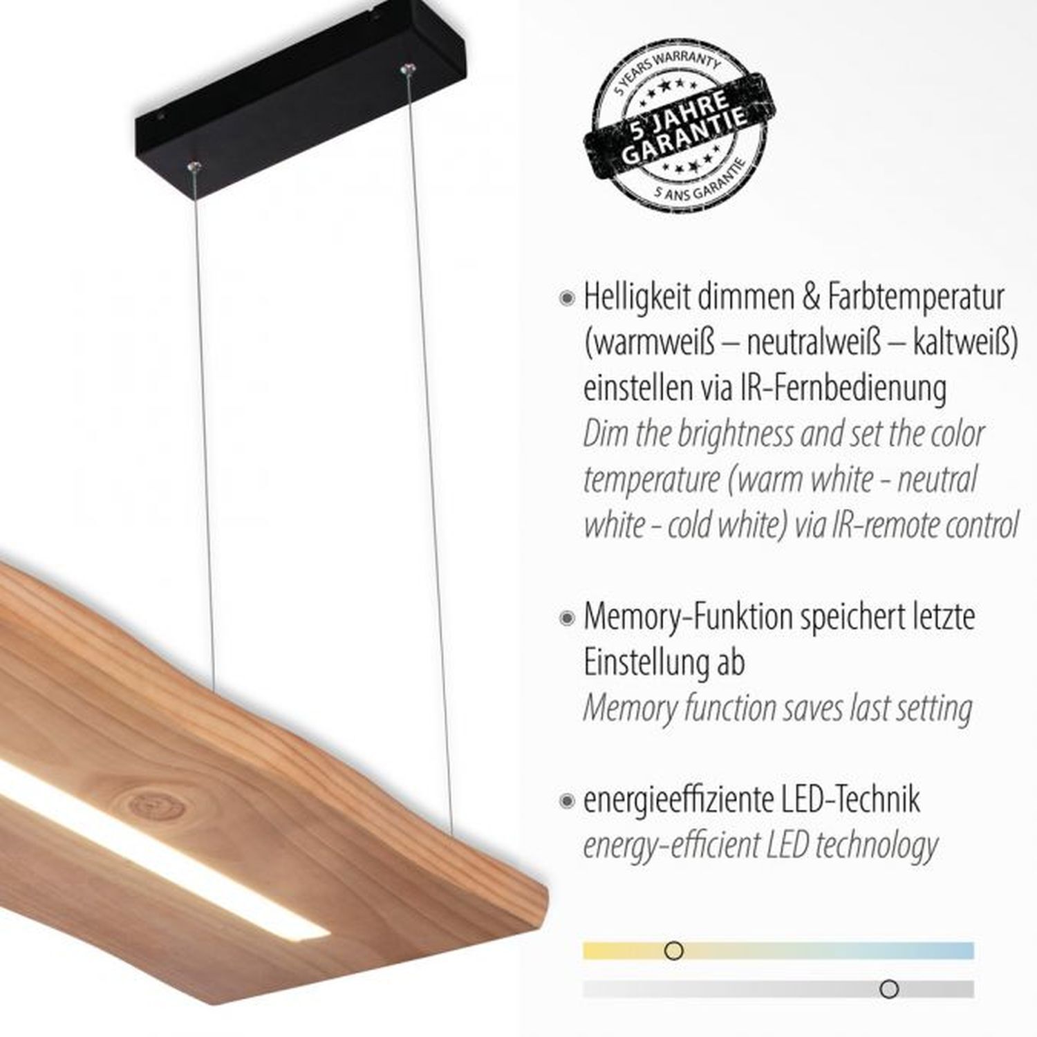 LED Pendelleuchte Holz Fernbedienung L:120 cm dimmbar