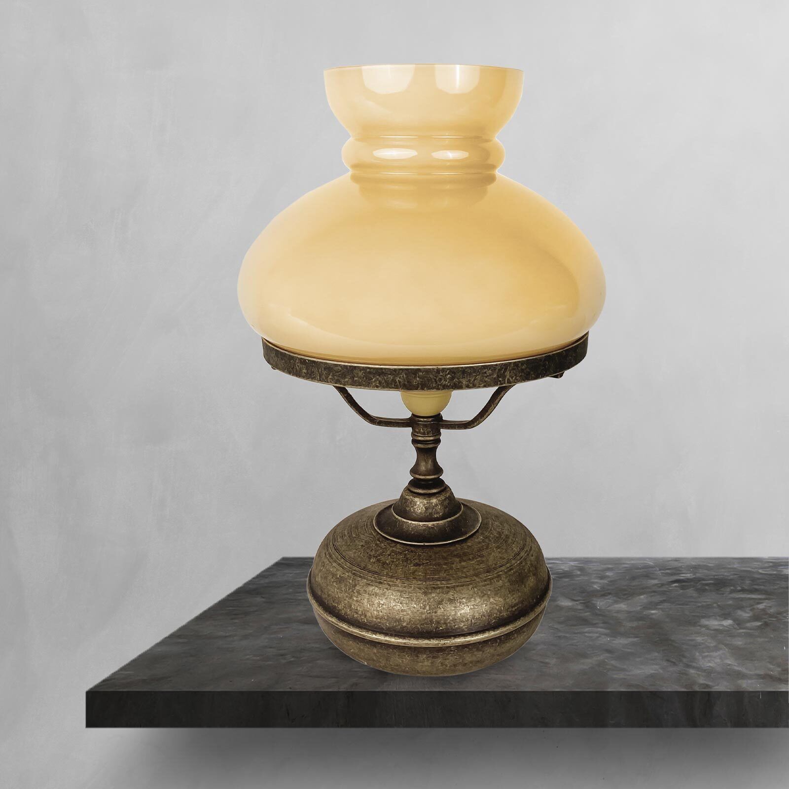 Tischleuchte Glas Messing H: 36,5 cm E27 in Bronze Antik Creme Lampe, Tischlampe