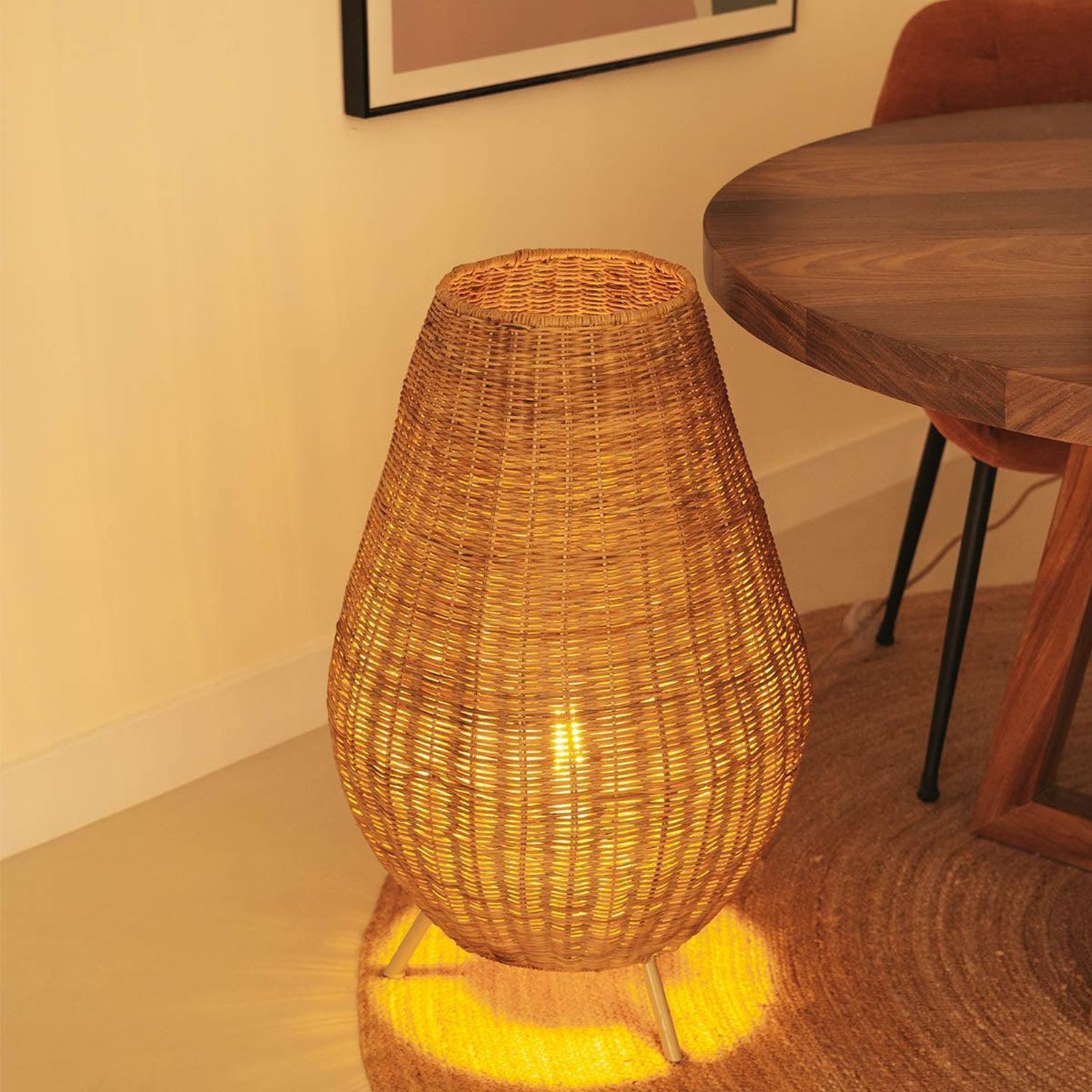 Tischleuchte Rattan 72 cm Dreibein Kabel Stecker E27 Lampe