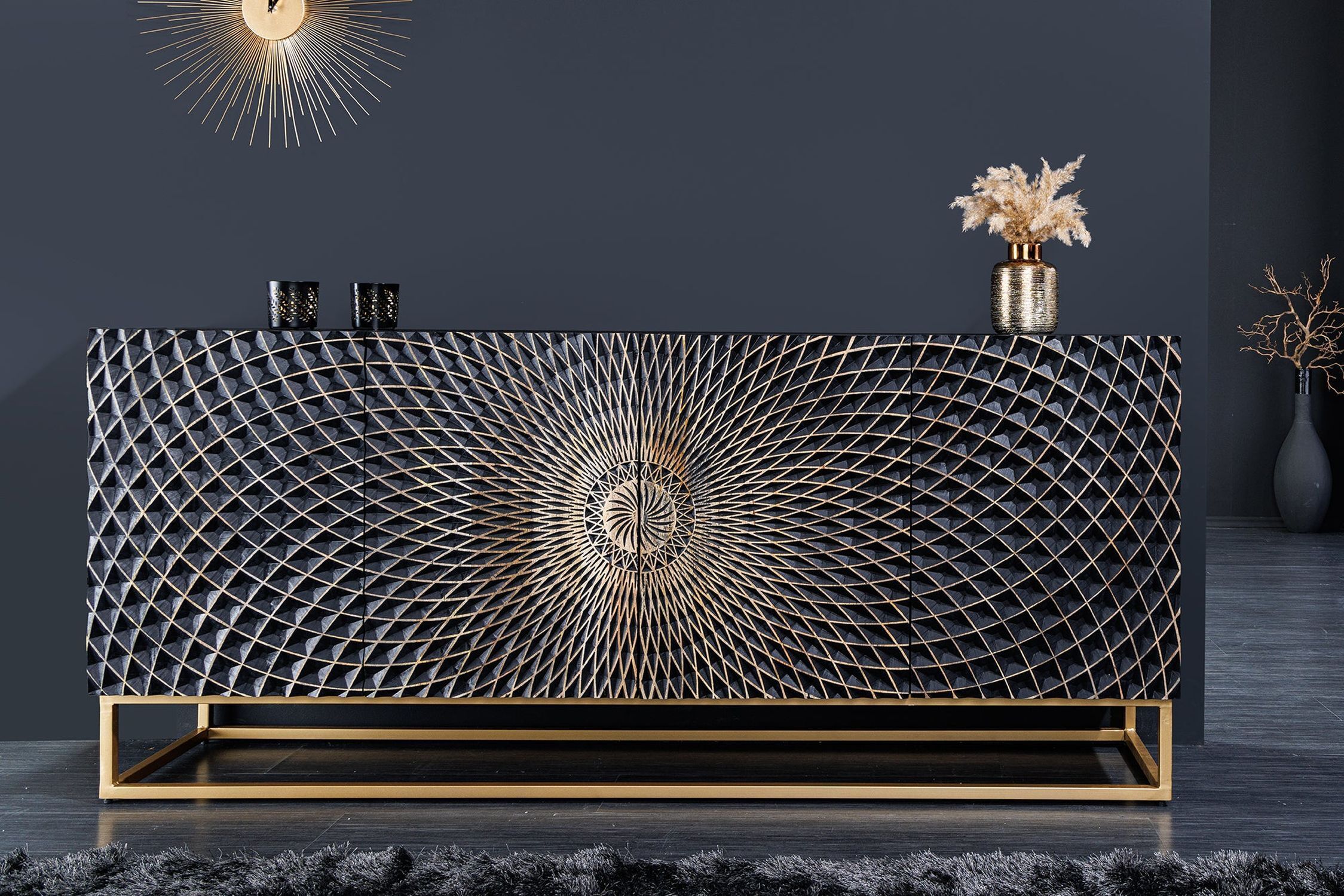 Sideboard Schwarz Gold 177 x 76 cm Ornament Türen Handarbeit