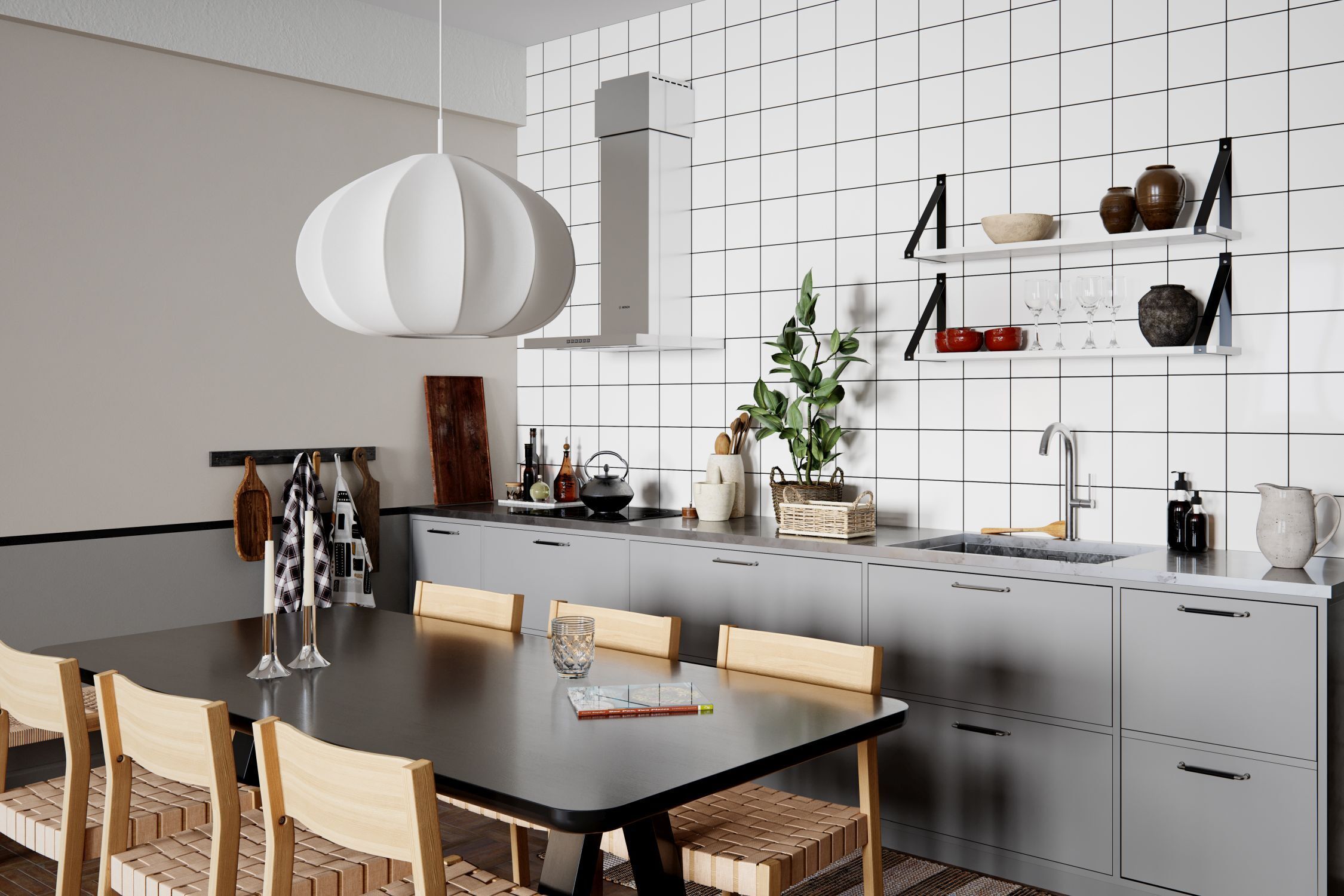 Hängeleuchte Stoff Metall E27 B: 60 cm H: max. 120 cm Weiß Drinnen, Innenarchitektur, Esszimmer, Esstisch, Küche