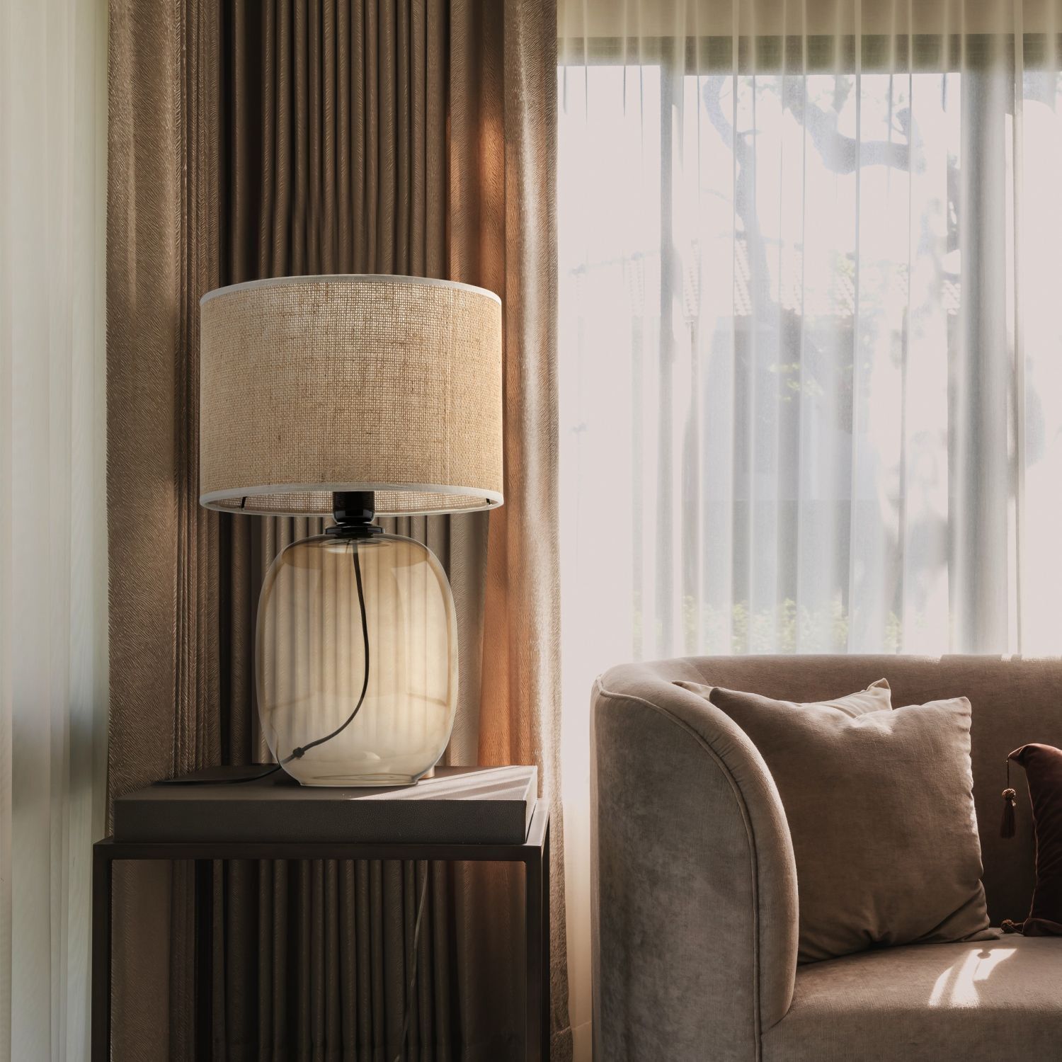 Tischleuchte Rauchglas Stoff Braun H: 48 cm Ø 30 cm E27 Lampe, Drinnen, Innenarchitektur