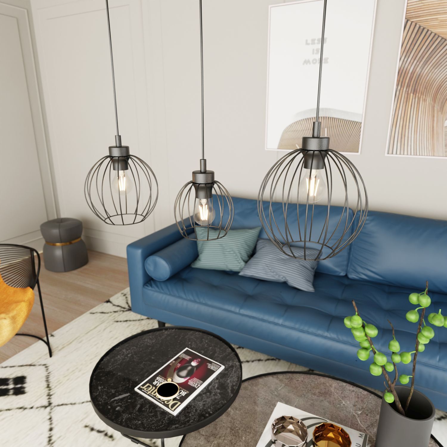 Lange Pendelleuchte Draht E27 L:77 cm Metall Schwarz Wohnzimmer, Couch, Dekoration für Zuhause, Tabelle, Lampe
