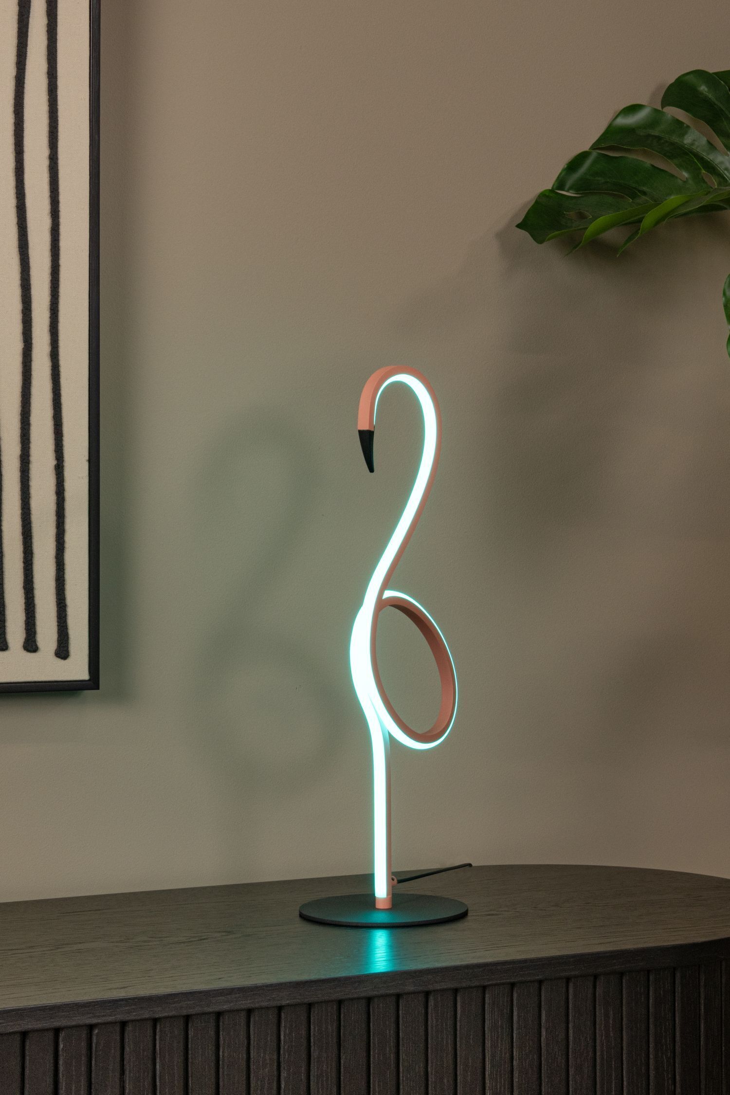 neon lamp, flamingo, table lamp, accent light, metal base