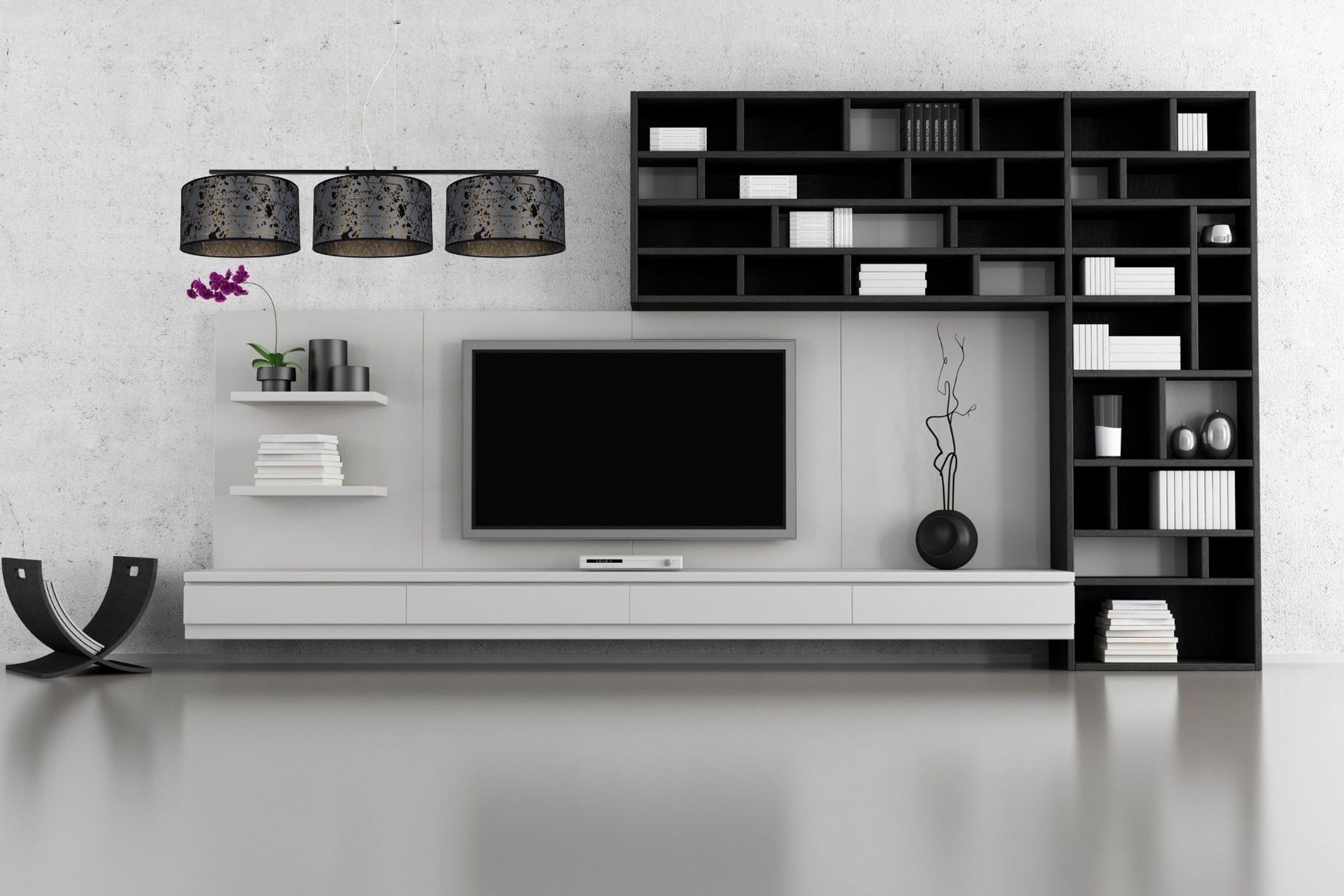 Wohnwand, Fernseher, TV-Multimedia, Regalwand, Schwarz-Weiß