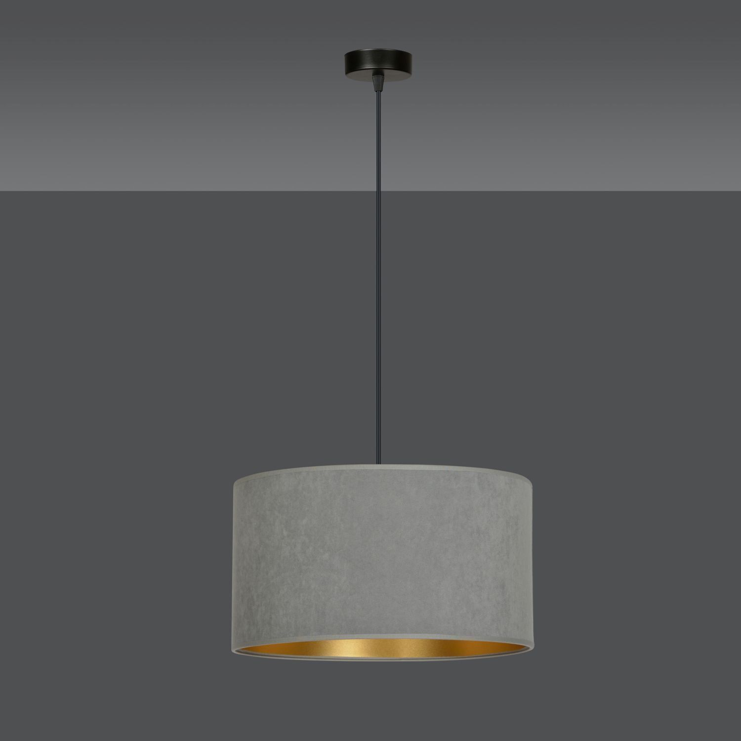 Hängelampe Stoff Ø 35 cm rund Modern Schwarz Grau Gold E27 Lampe, Kronleuchter