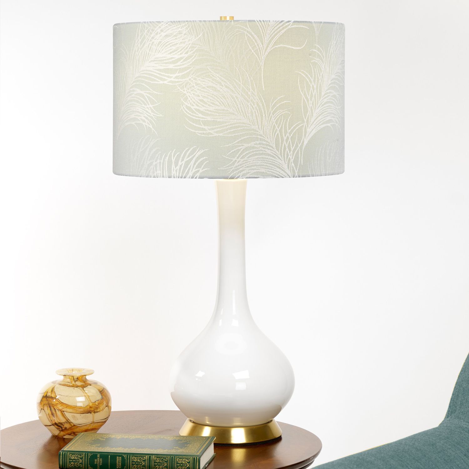 Nachttischlampe Stoff Keramik E27 69 cm Retro Weiß grau