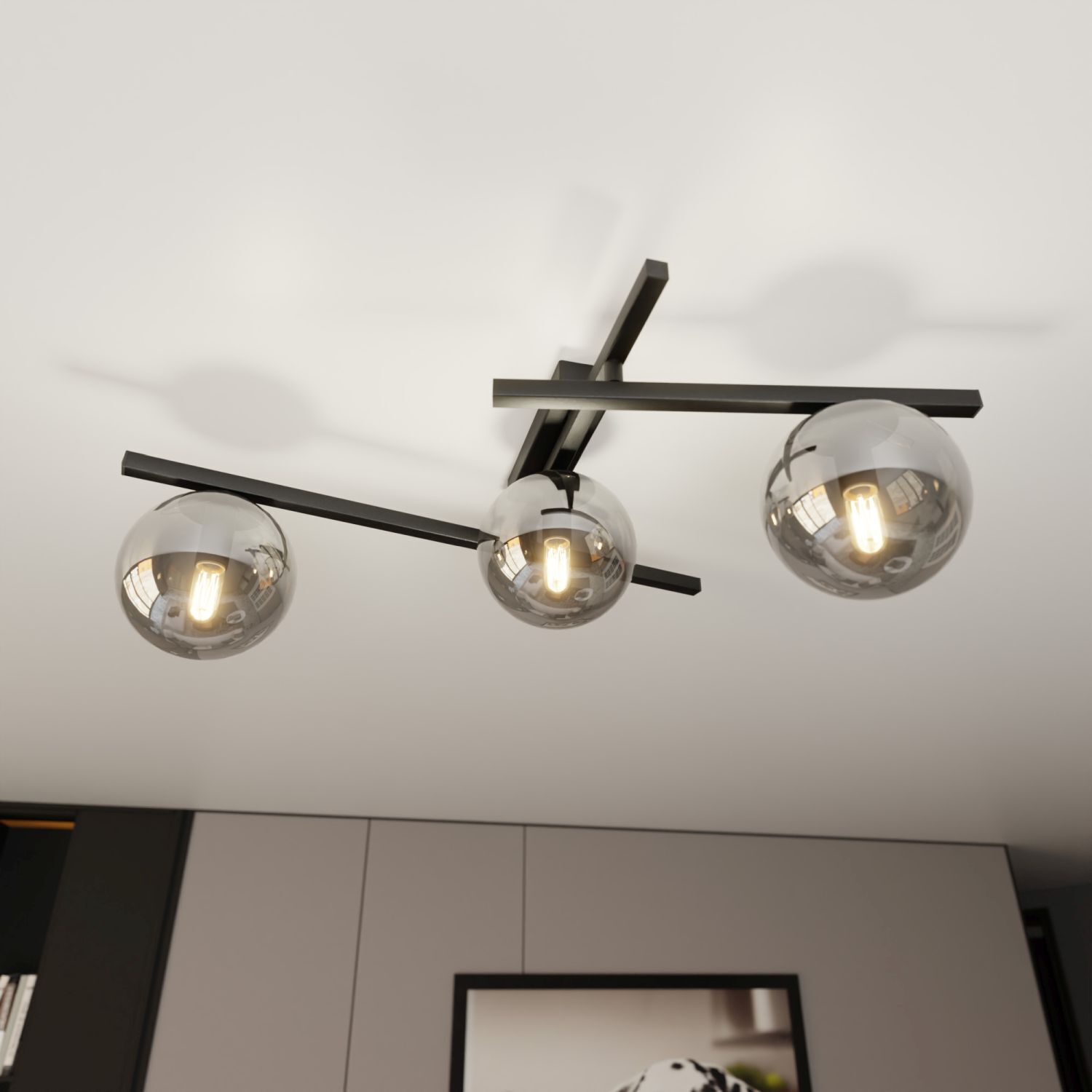 Deckenleuchte 3-flammig B: 50 cm Rauchglas Metall E14